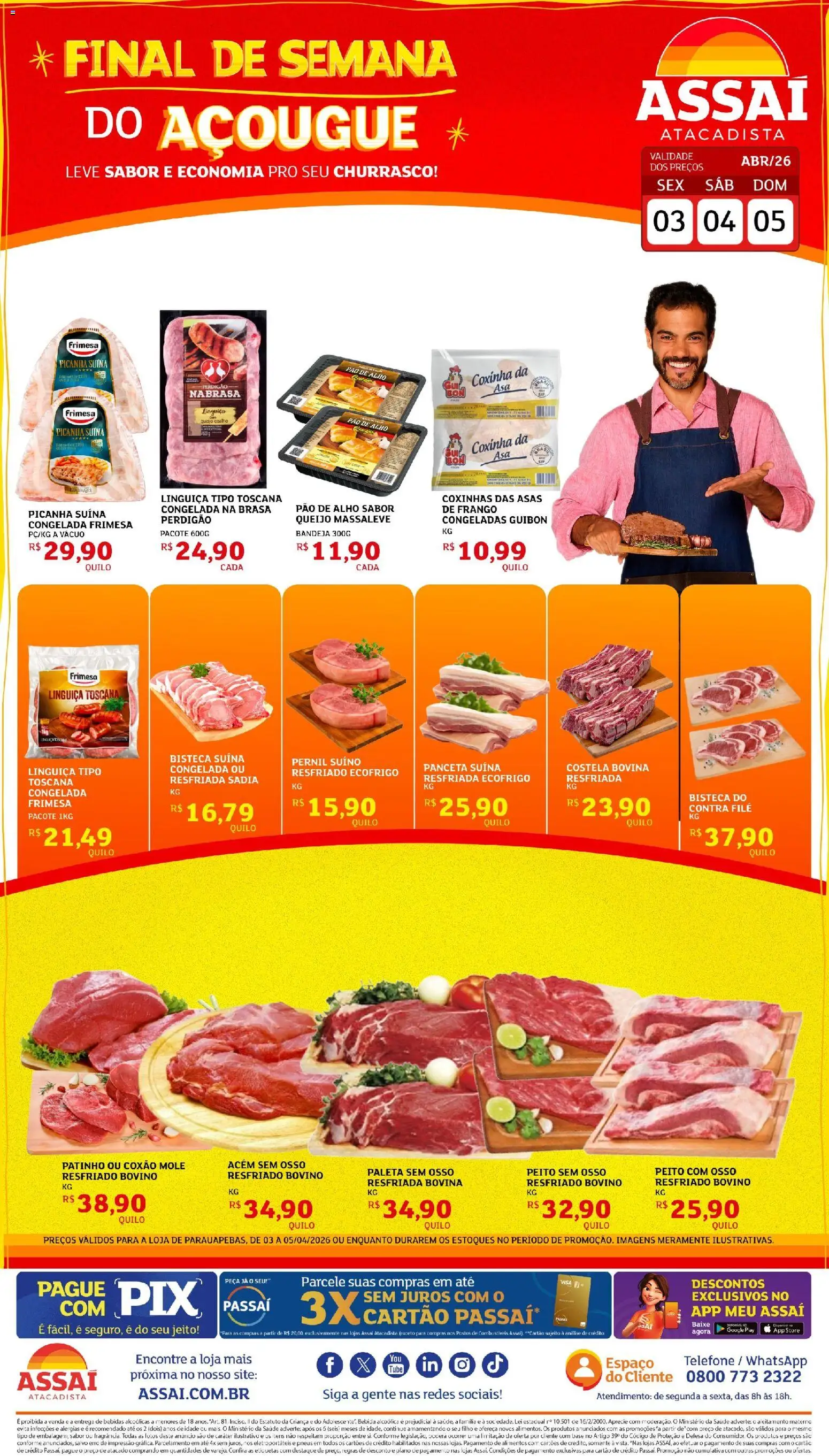 Assaí Atacadista Folheto - válido de 03.04.2026 | Página: 1 | Produtos: Pao de alho, Bandeja, Telefone, Frango