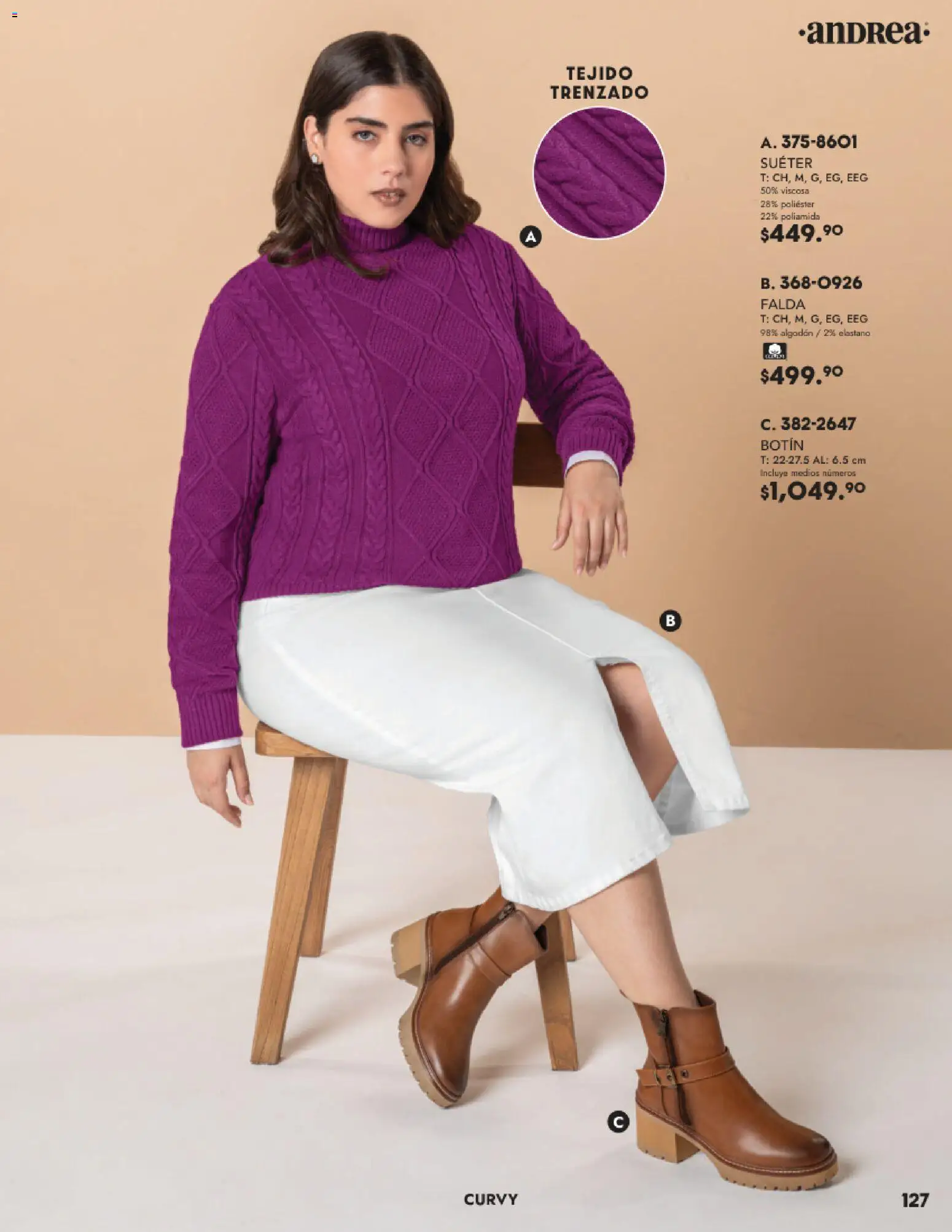 Nuevas ofertas de Andrea válidas en toda la República Mexicana desde el 26.11.2025. ¡Encuentra las mejores ofertas en Andrea catálogo Vestir! | Página: 127 | Productos: Suéter, Algodón, Botín, Falda
