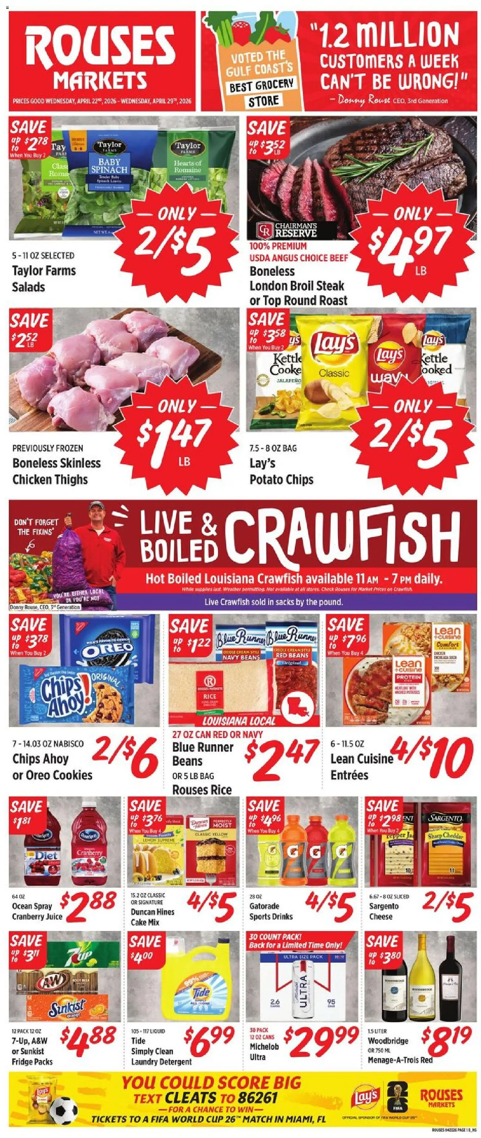 Rouses Weekly Ad - LA - valid from 22.04.2026 | Page: 1 | Products: Romaine, Beef, Bag, Kettle