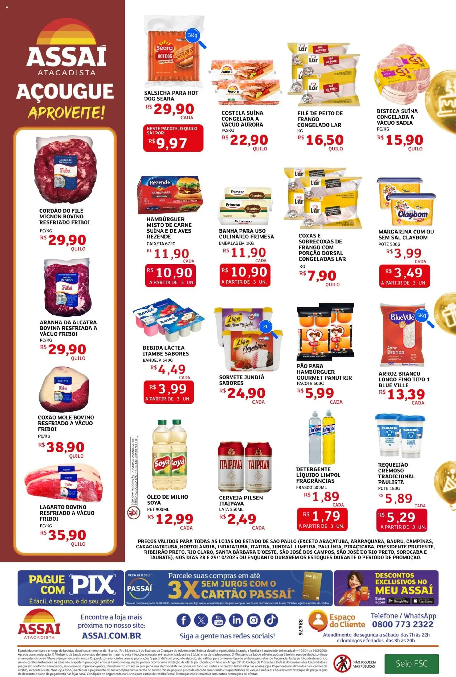 Assaí Atacadista Folheto - válido de 28.10.2025 | Página: 2 | Produtos: Cerveja, Carne, Hambúrguer, Sal