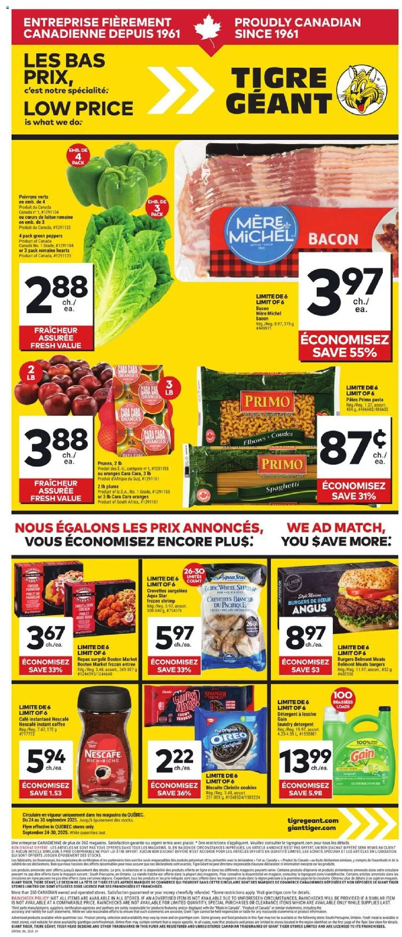 Giant Tiger flyer valid from 24.09.2025 | Page: 1 | Products: Detergent, Coffee, Chicken, Oranges