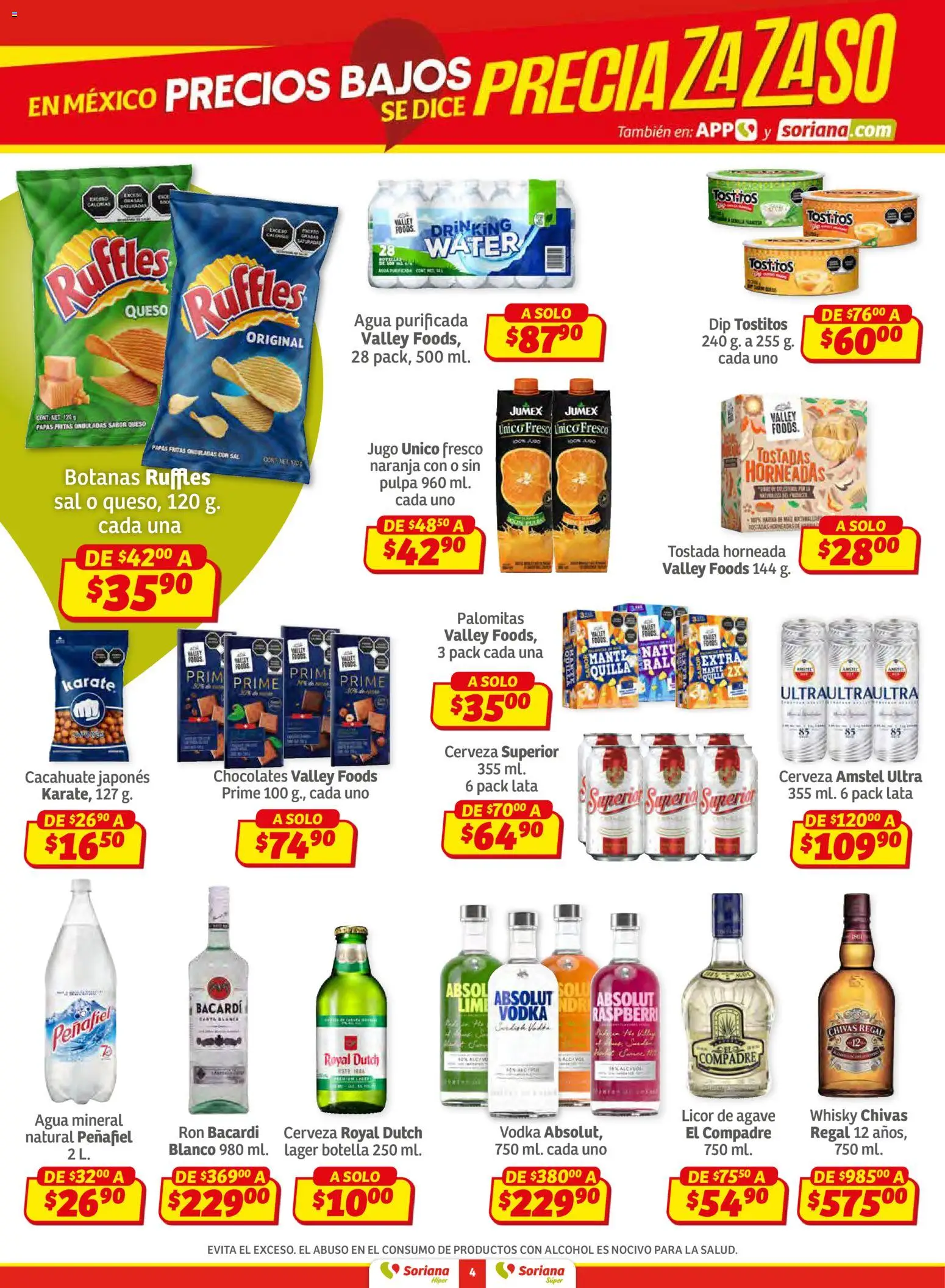 Nuevas ofertas de Soriana válidas en toda la República Mexicana desde el 15.01.2026. ¡Encuentra las mejores ofertas en Soriana - Preciazazaso Híper: Camp, Chia, Oax, Q. Roo, Tab, Yuc! | Página: 4 | Productos: Sal, Agua, Jugo, Botella