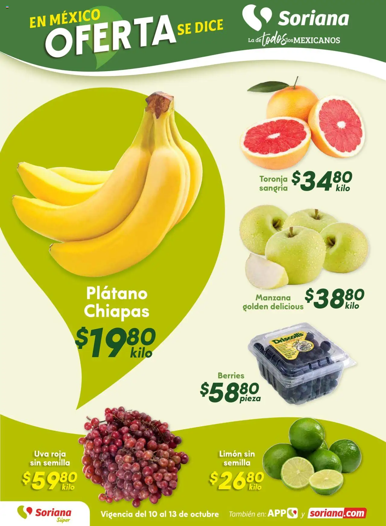 Nuevas ofertas de Soriana válidas en toda la República Mexicana desde el 09.10.2025. ¡Encuentra las mejores ofertas en Soriana - Fin de Semana Súper: Ver, Tab, Chis, Camp, Yuc y Q. Roo! | Página: 8 | Productos: Plátano, Manzana, Limón, Toronja