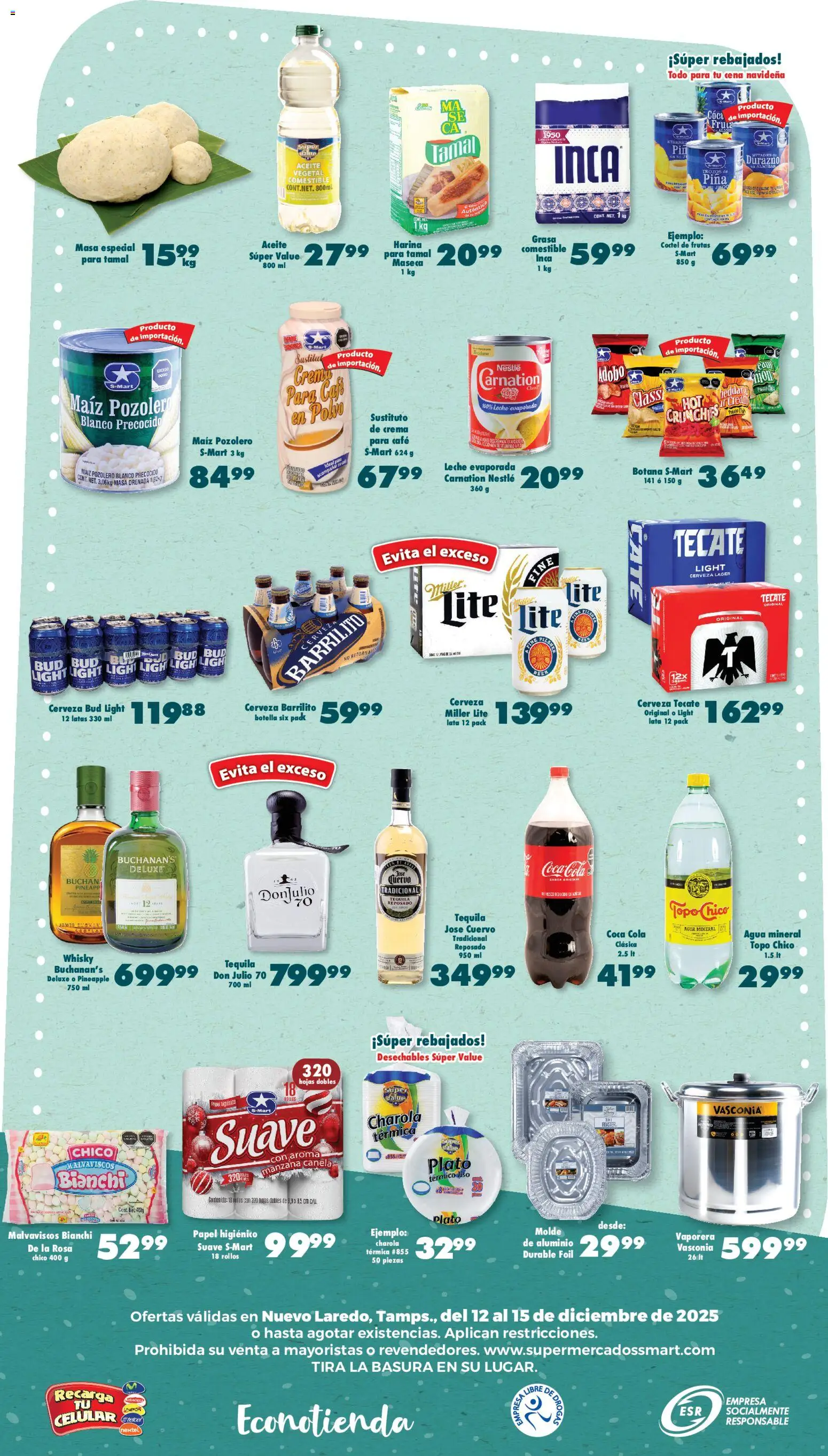Nuevas ofertas de S-Mart válidas en toda la República Mexicana desde el 12.12.2025. ¡Encuentra las mejores ofertas en S-Mart folleto Nuevo Laredo! | Página: 3 | Productos: Agua, Pan, Tequila, Papel higiénico