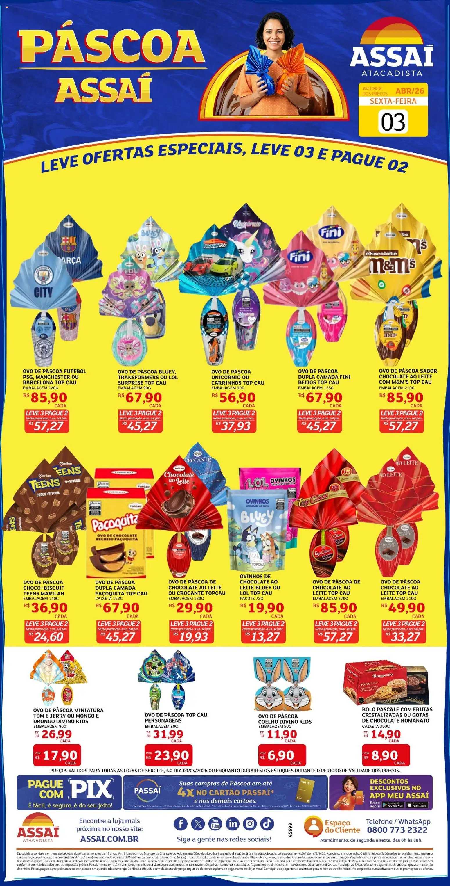 Assaí Atacadista Folheto - válido de 03.04.2026 | Página: 1 | Produtos: Chocolate, Bolo, Bebida, Telefone