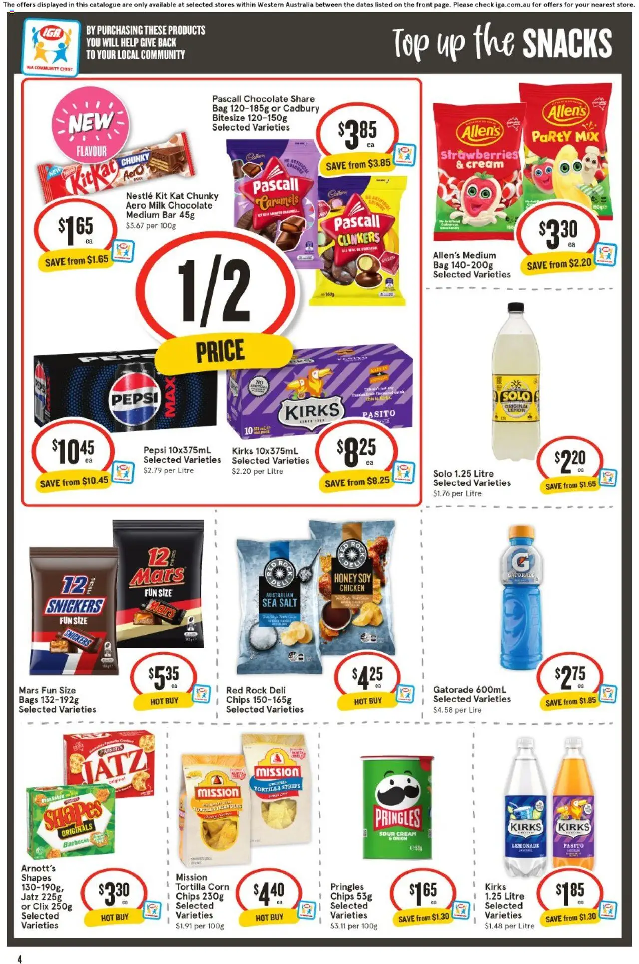 IGA catalogue - valid from 20.08.2025 | Page: 4 | Products: Milk, Strawberries, Chips, Bag