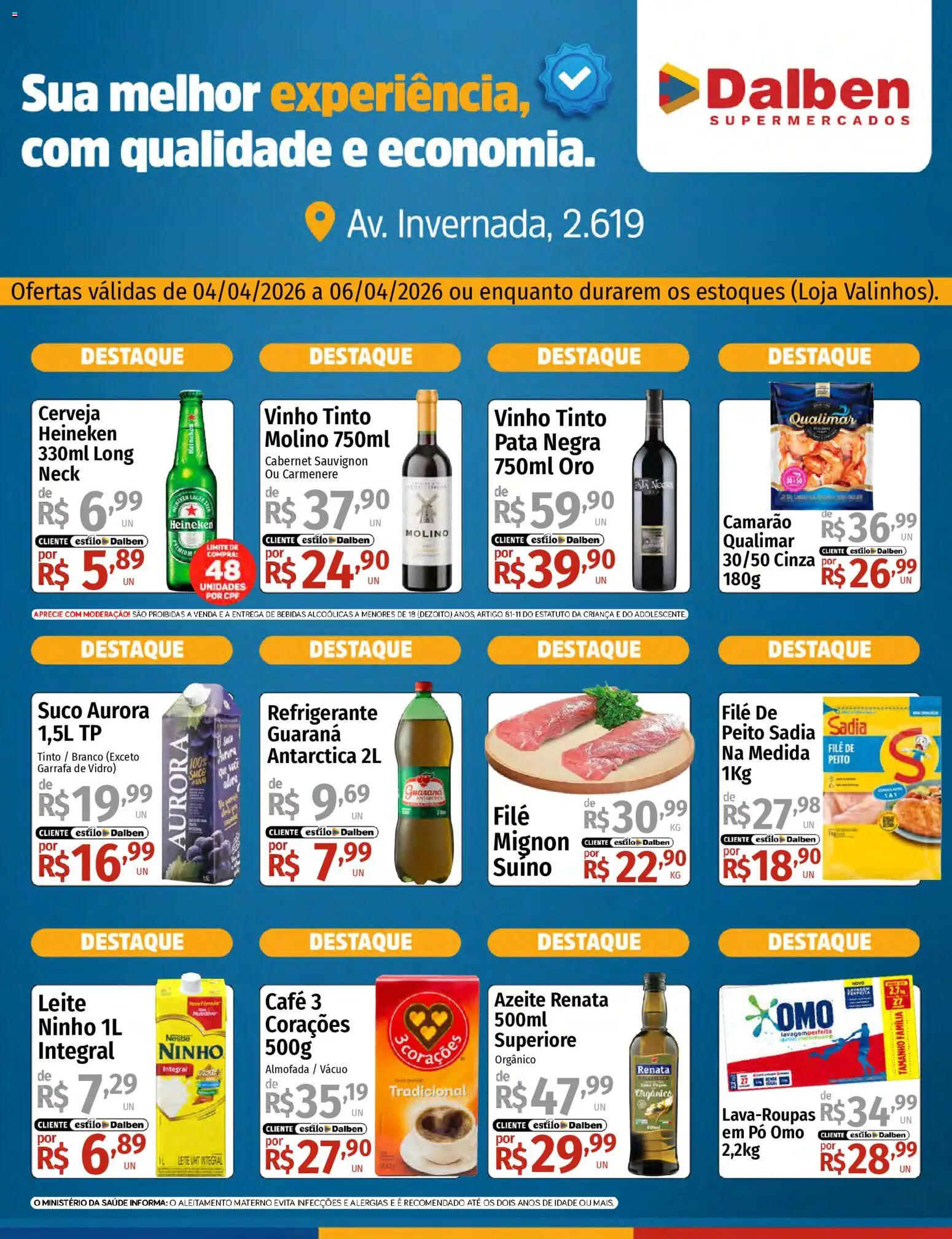 Supermercado Dalben Folheto - válido de 04.04.2026 | Página: 1 | Produtos: Guaraná, Café, Vinho, Heineken