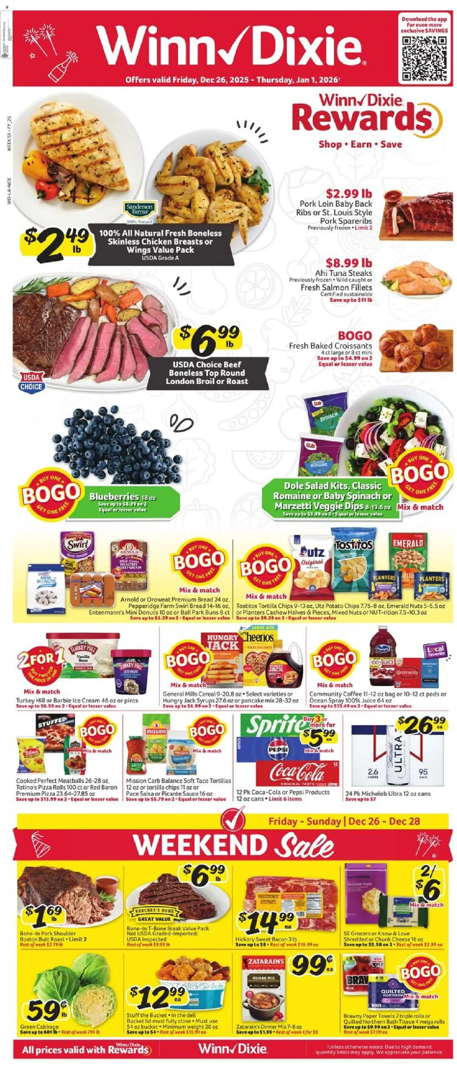 Winn Dixie Weekly Ad - valid from 26.12.2025 | Page: 1 | Products: Beef, Cream, Ice cream, Croissants