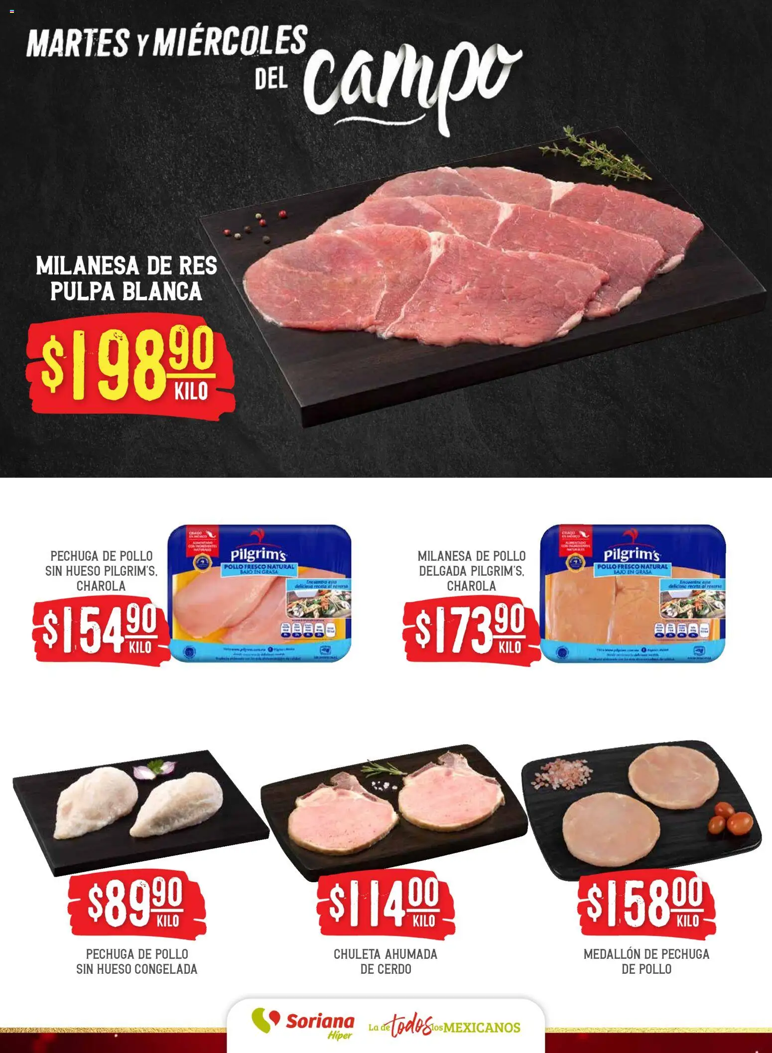 Nuevas ofertas de Soriana válidas en toda la República Mexicana desde el 09.12.2025. ¡Encuentra las mejores ofertas en Soriana - Martes y Miércoles del Campo Híper: Ags, Nay, Jal, Qro, Col, Mich, Gto, Hgo, Tlax, Mor, Pue, Gro, Oax, Edo. de Mex, Vall! | Página: 4 | Productos: Pollo, Milanesa, Cerdo, Res