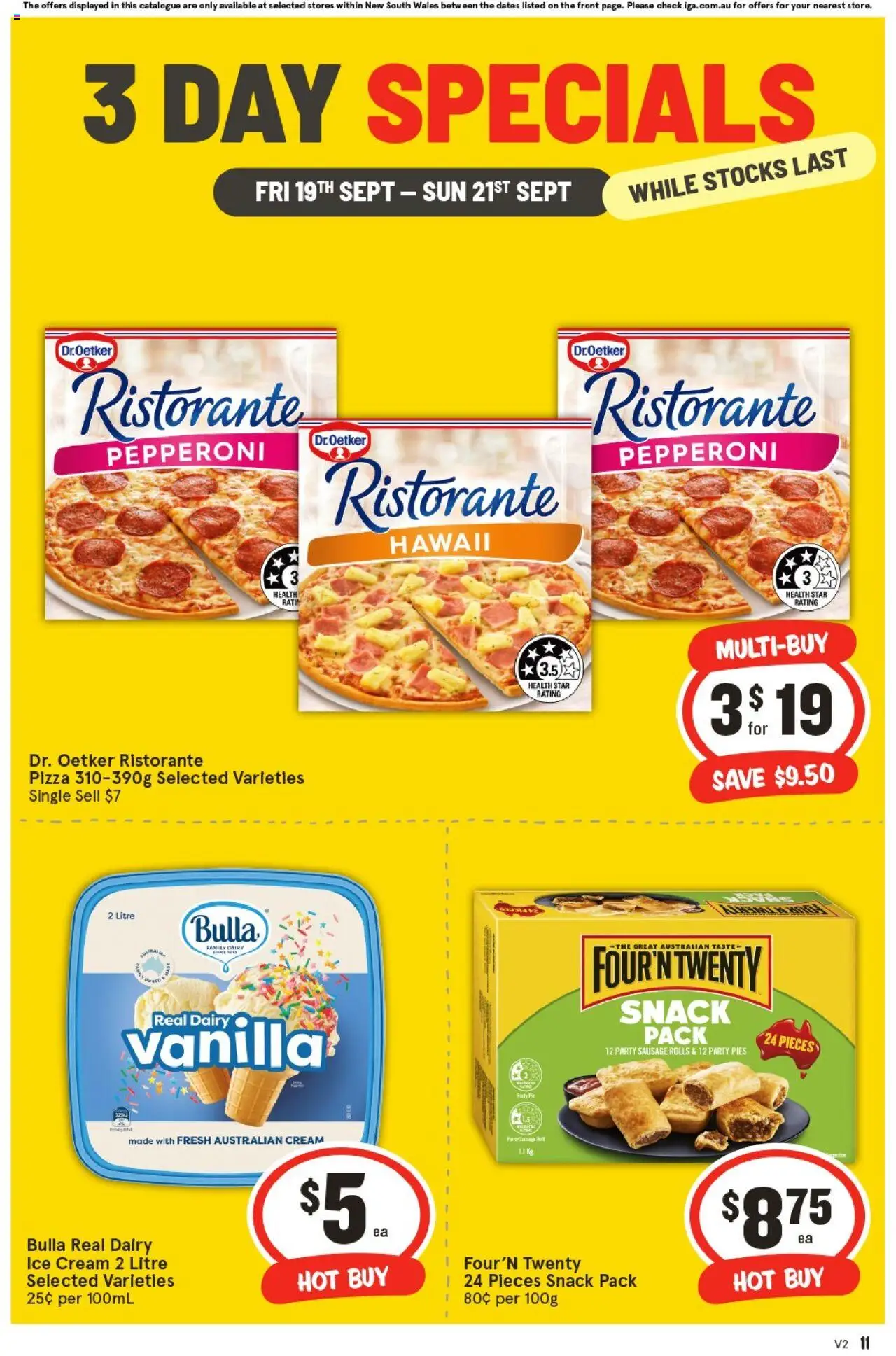 IGA catalogue - valid from 19.09.2025 | Page: 3 | Products: Pizza, Cream, Ice cream, Pies