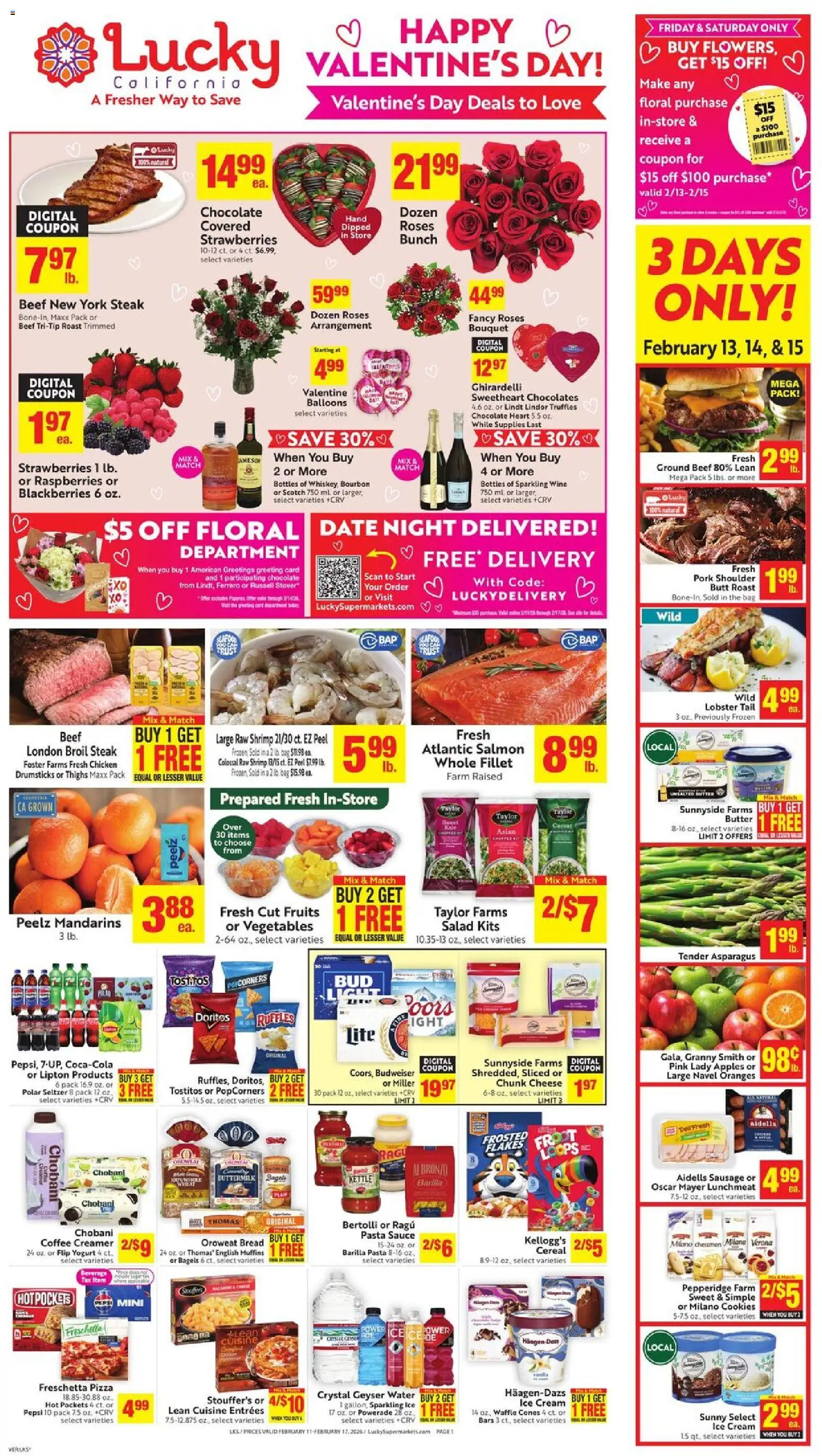 Lucky Supermarkets Weekly - CA - valid from 11.02.2026 | Page: 1 | Products: Butter, Flakes, Sausage, Bag