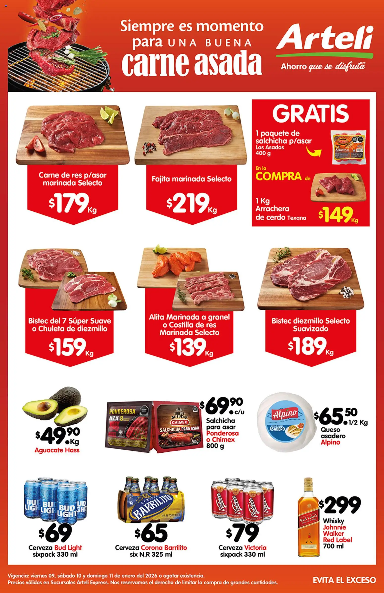 Nuevas ofertas de Arteli válidas en toda la República Mexicana desde el 09.01.2026. ¡Encuentra las mejores ofertas en Arteli folleto Carnes Suc. Express! | Página: 1 | Productos: Salchicha, Queso, Aguacate, Whisky