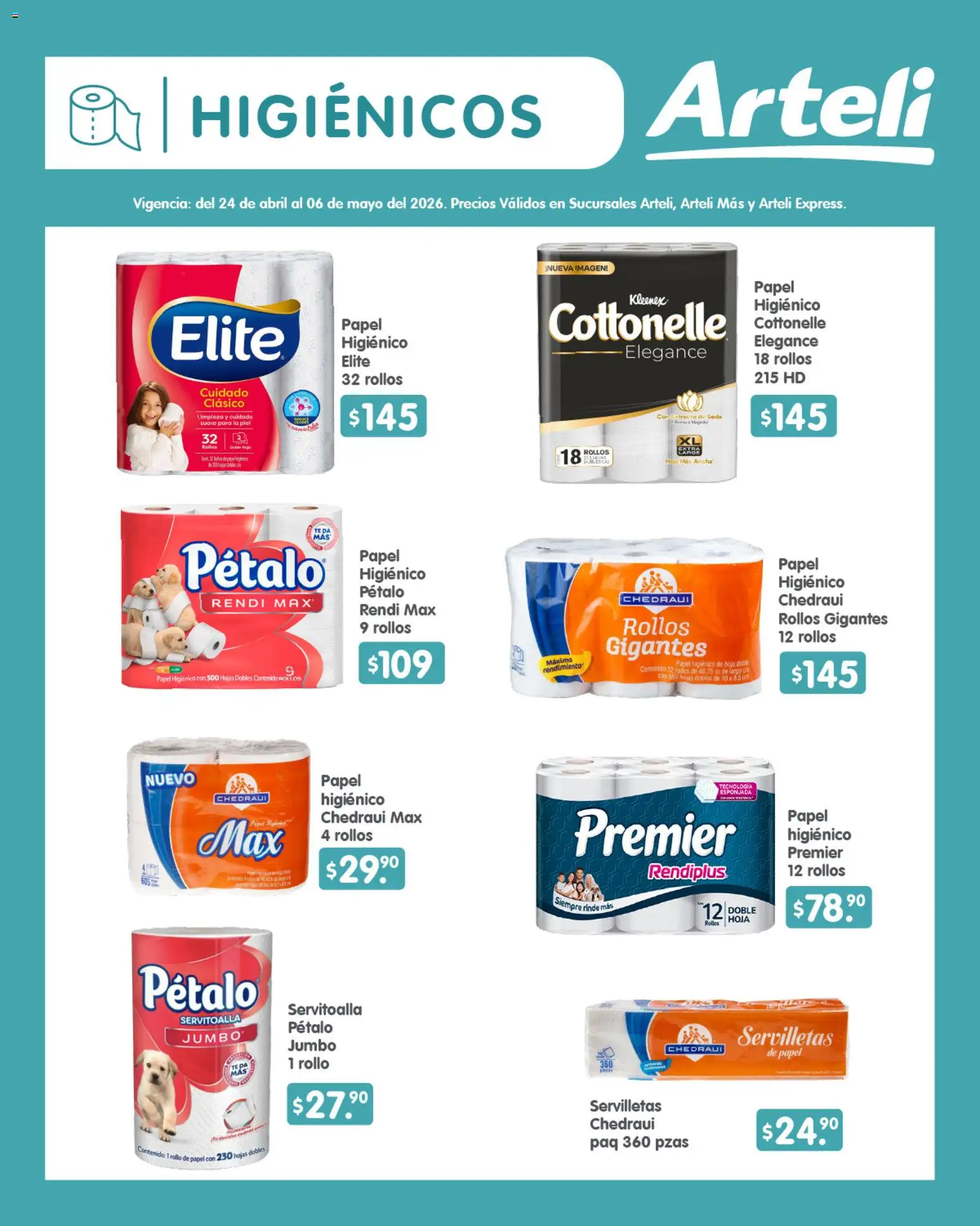 Nuevas ofertas de Arteli válidas en toda la República Mexicana desde el 24.04.2026. ¡Encuentra las mejores ofertas en Arteli folleto Quincenal! | Página: 15 | Productos: Papel higiénico, Té, Servilletas