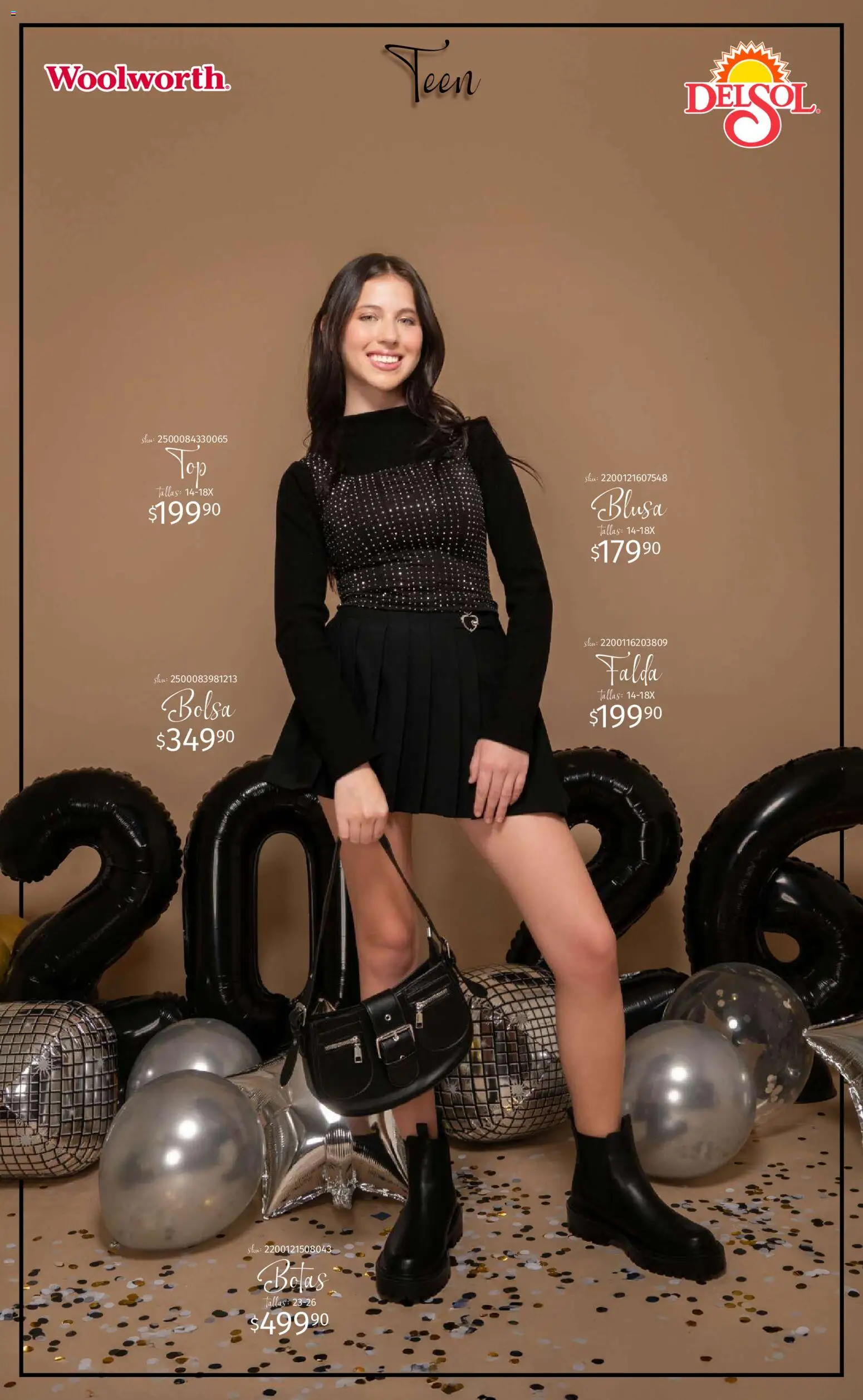 Nuevas ofertas de Del Sol y Woolworth válidas en toda la República Mexicana desde el 11.12.2025. ¡Encuentra las mejores ofertas en Del Sol y Woolworth catálogo Luce el Invierno! | Página: 8 | Productos: Blusa, Bolsa, Falda
