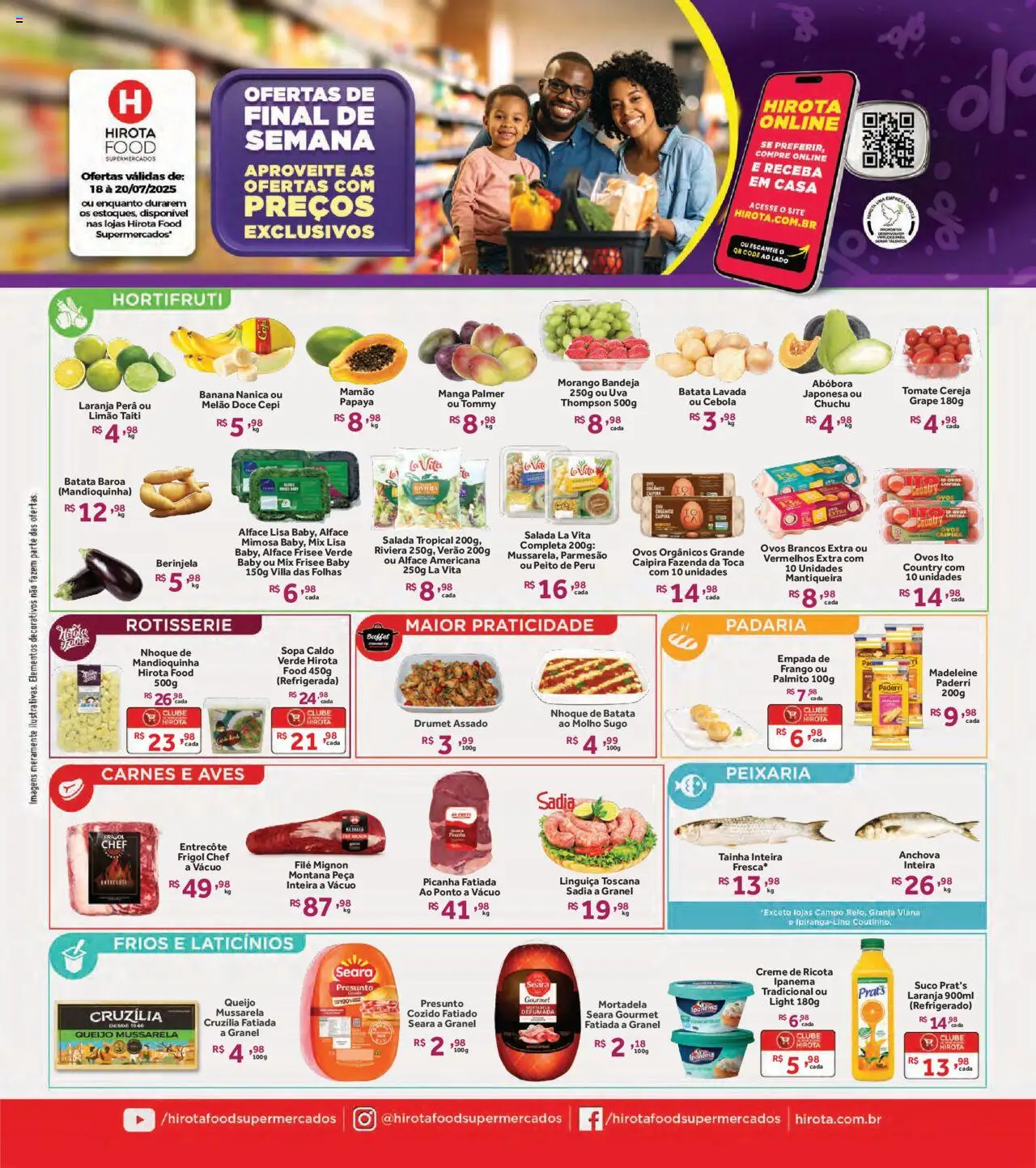Hirota Food Folheto - válido de 18.07.2025 | Página: 1 | Produtos: Linguiça, Suco, Mamão, Batata