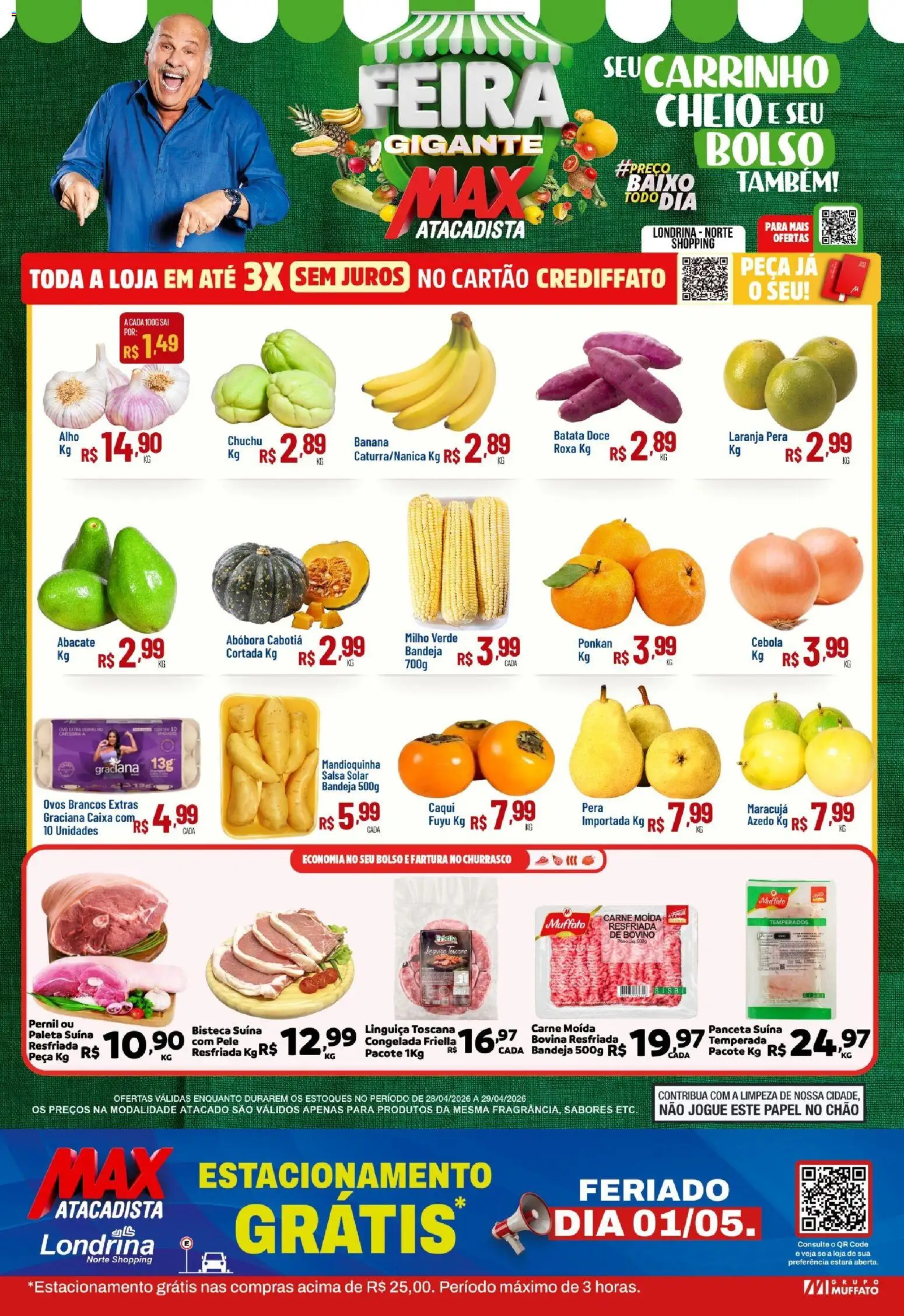 Max Atacadista Folheto - válido de 28.04.2026 | Página: 1 | Produtos: Mandioquinha, Pernil, Ovos, Batata