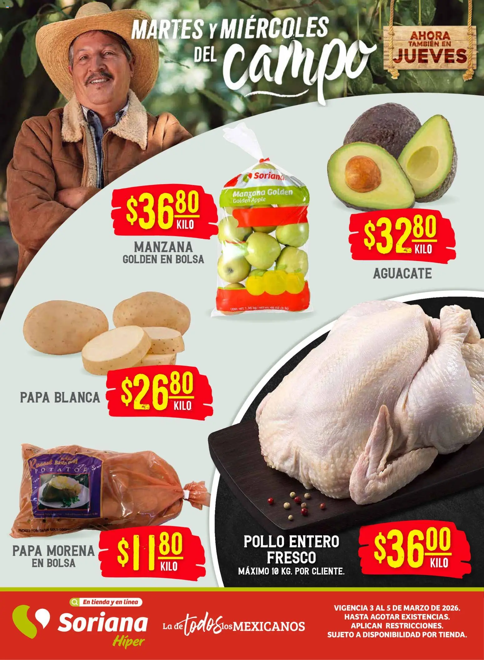 Nuevas ofertas de Soriana válidas en toda la República Mexicana desde el 03.03.2026. ¡Encuentra las mejores ofertas en Soriana Martes y Miércoles del Campo Híper: Juárez! | Página: 1 | Productos: Papa, Bolsa, Manzana, Aguacate