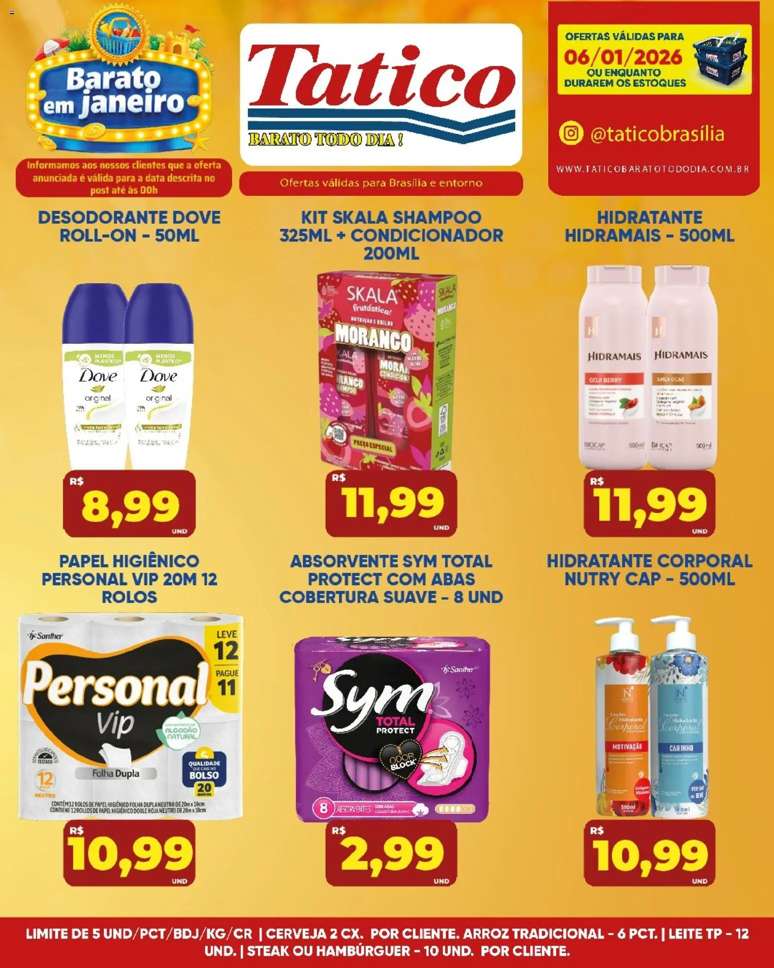 Tatico Folheto - válido de 06.01.2026 | Página: 12 | Produtos: Desodorante, Leite, Hambúrguer, Absorvente