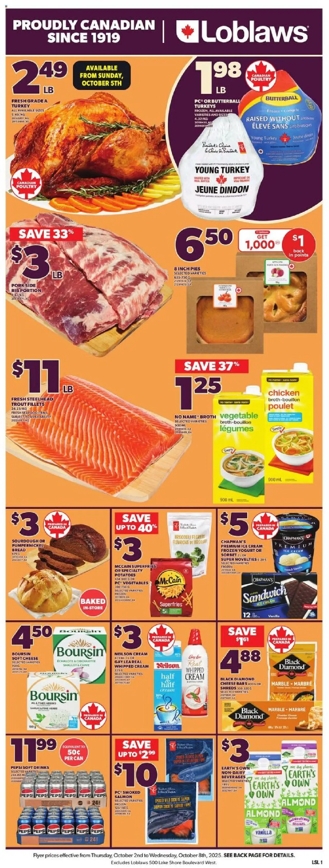Loblaws flyer valid from 02.10.2025 | Page: 3 | Products: Cream, Ice cream, Turkey, Pork