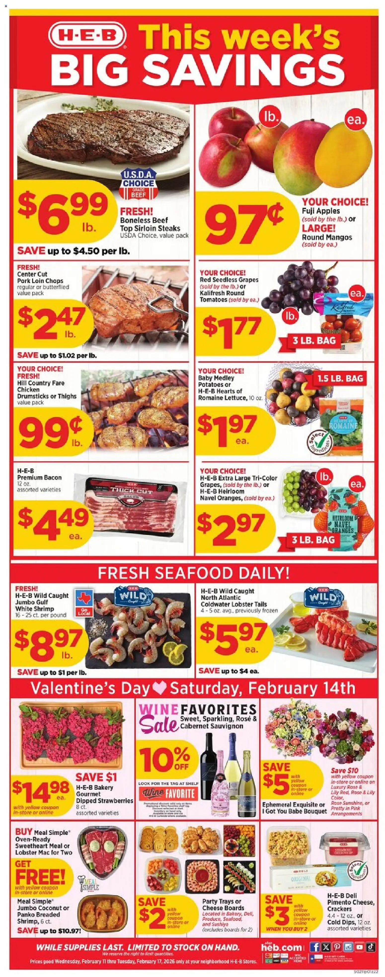 H-E-B Weekly Ad - valid from 11.02.2026 | Page: 1 | Products: Oranges, Tomatoes, Seafood, Bag