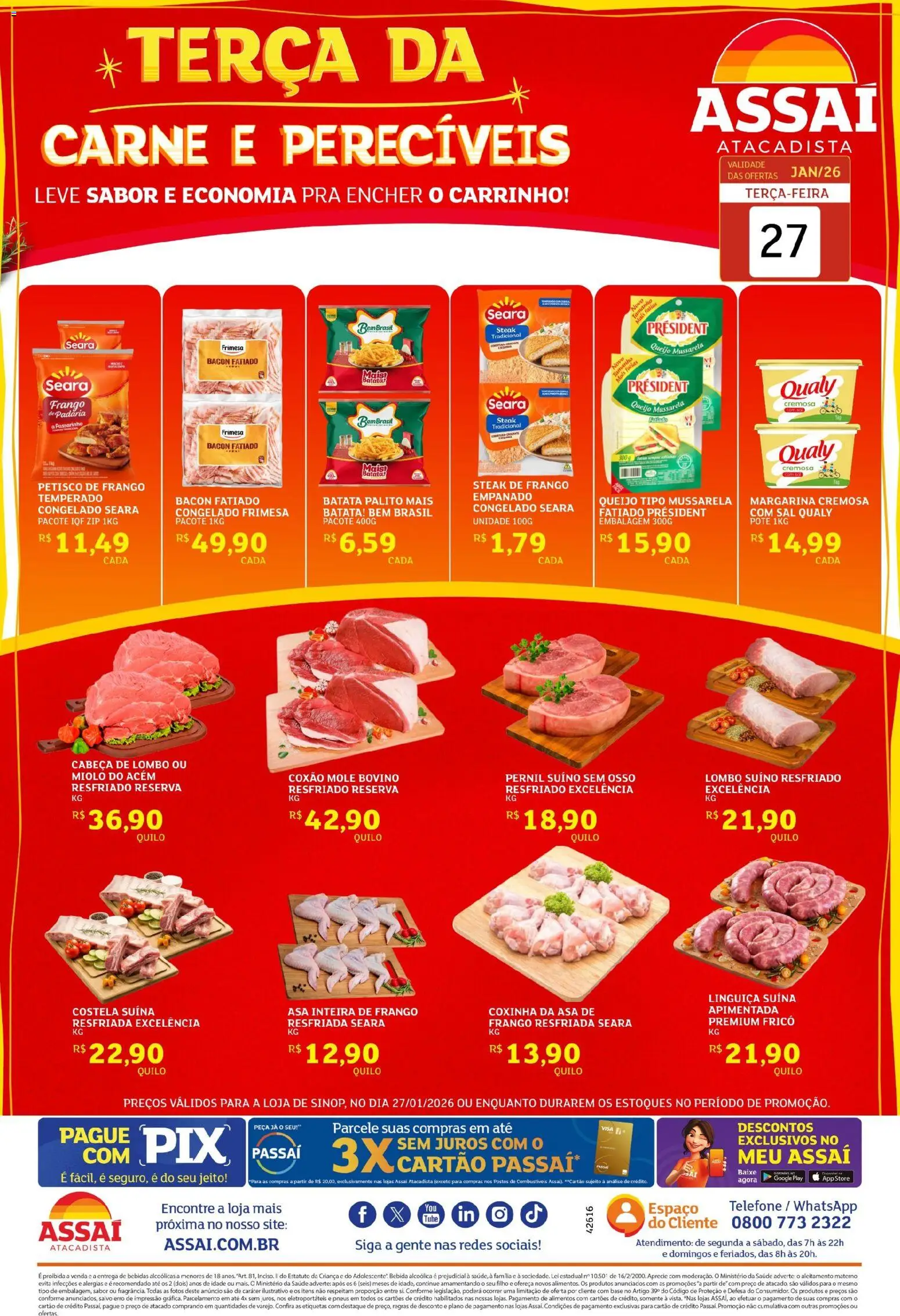 Assaí Atacadista Folheto - válido de 27.01.2026 | Página: 1 | Produtos: Lombo, Pernil, Carne, Telefone