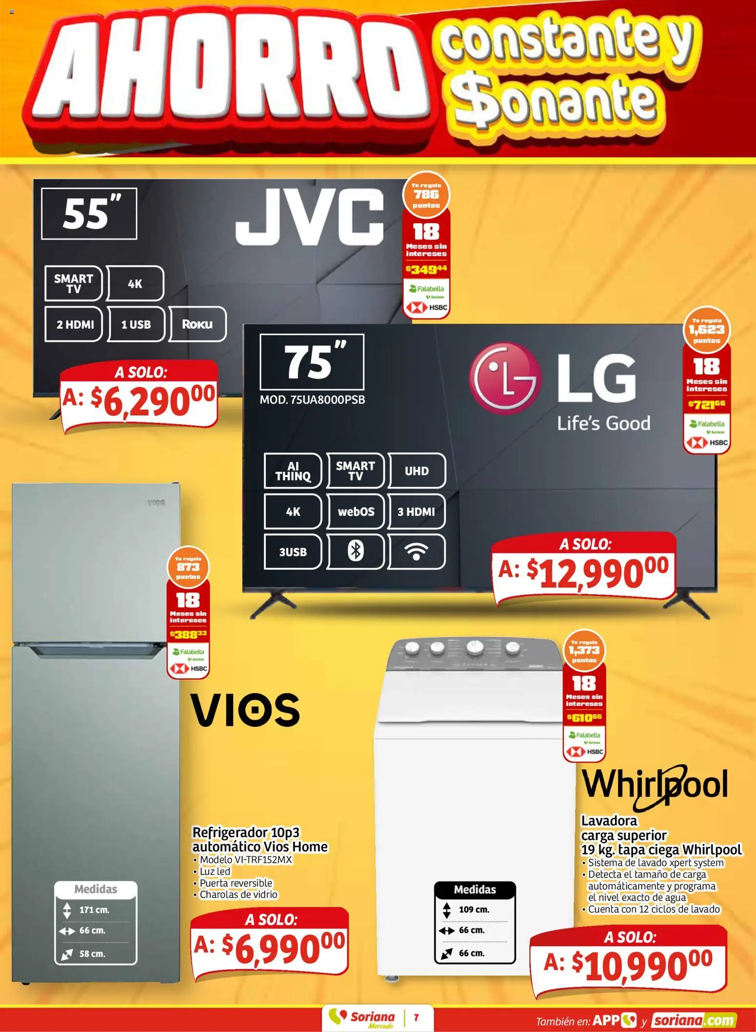 Nuevas ofertas de Soriana válidas en toda la República Mexicana desde el 26.02.2026. ¡Encuentra las mejores ofertas en Soriana - Fin de Semana Mercado: Ags, Nay, Jal, Qro, Col, Mich, Gto, Hgo, Tlax, Mor, Pue, Gro, Oax, Edo. de Mex, CDMX, Zac y SLP! | Página: 7 | Productos: Refrigerador, Agua, Lavadora, Té