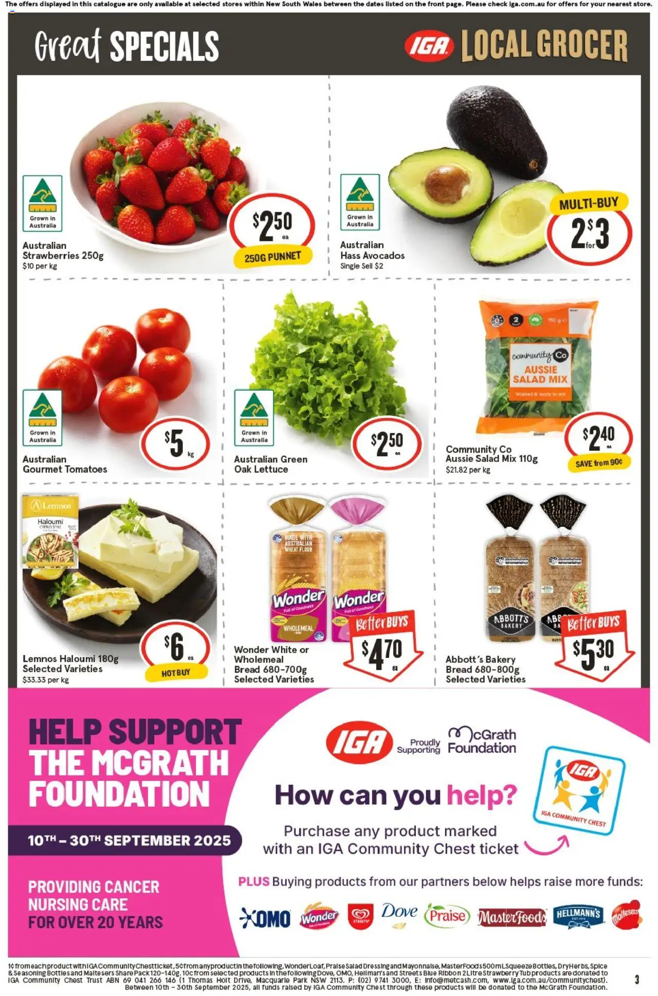IGA catalogue - valid from 17.09.2025 | Page: 3 | Products: Flour, Bread, Tomatoes, Salad