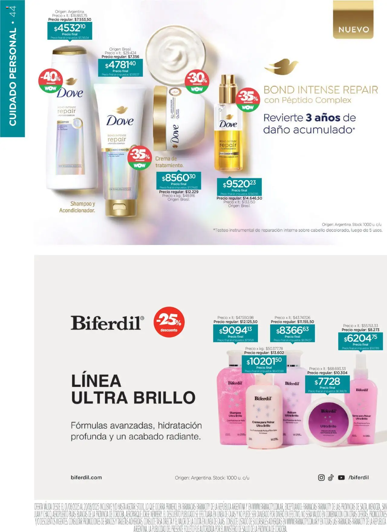 Farmacity catálogo │ válido desde el 01.08.2025 | Página: 44 | Productos: Sobre, Shampoo, Acondicionador, Brillo