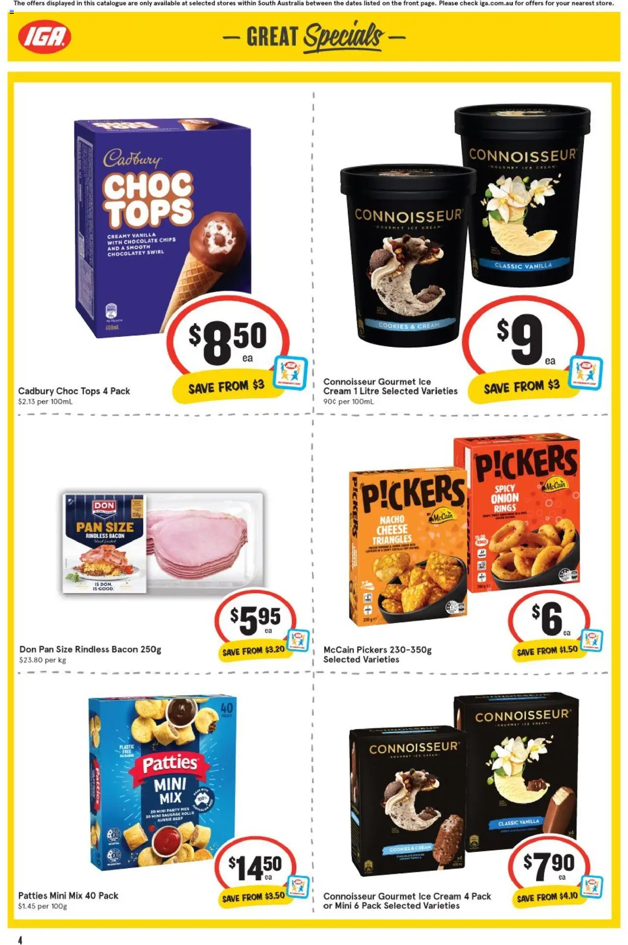 IGA catalogue - valid from 06.08.2025 | Page: 4 | Products: Bacon, Chocolate, Beef, Ice cream