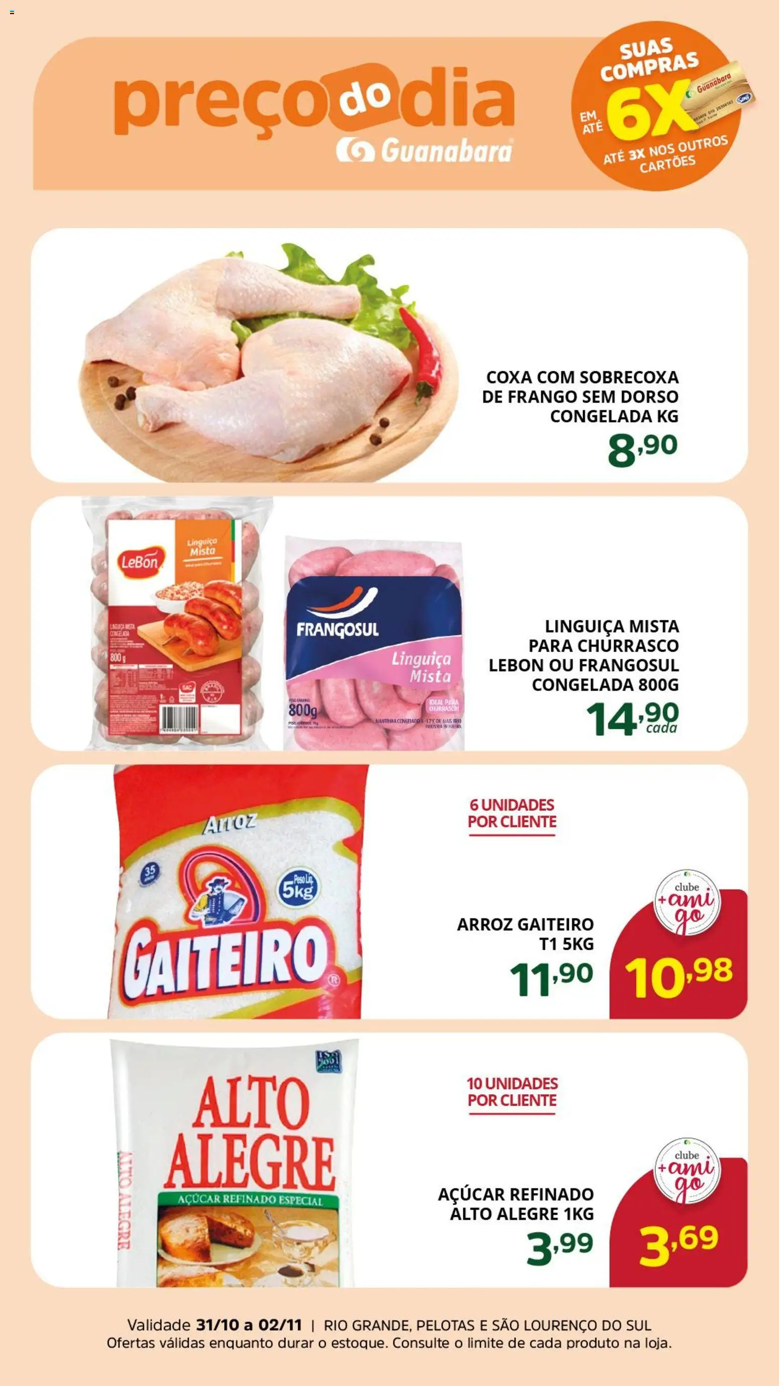 Supermercado Guanabara Folheto - válido de 31.10.2025 | Página: 1 | Produtos: Linguiça, Arroz, Açúcar, Frango