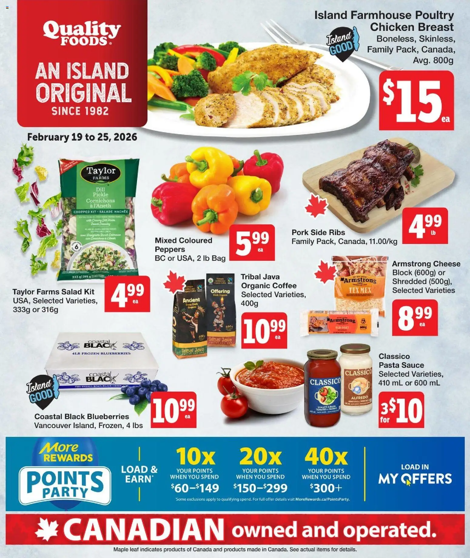 Quality Foods flyer valid from 19.02.2026 | Page: 1 | Products: Pasta, Cheese, Chicken, Pork