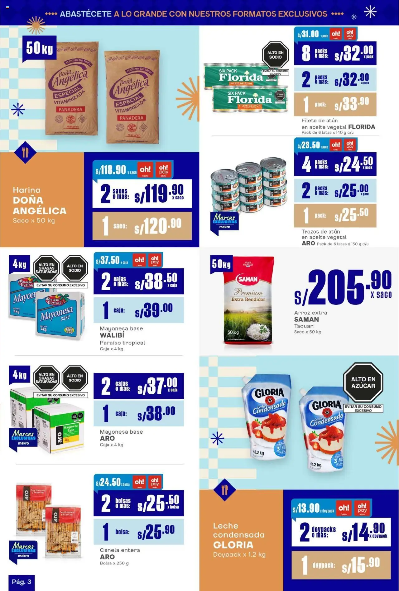 Catálogo Makro válido desde 14.08.2025 | Página: 3 | Productos: Leche, Arroz, Saco, Bolsa