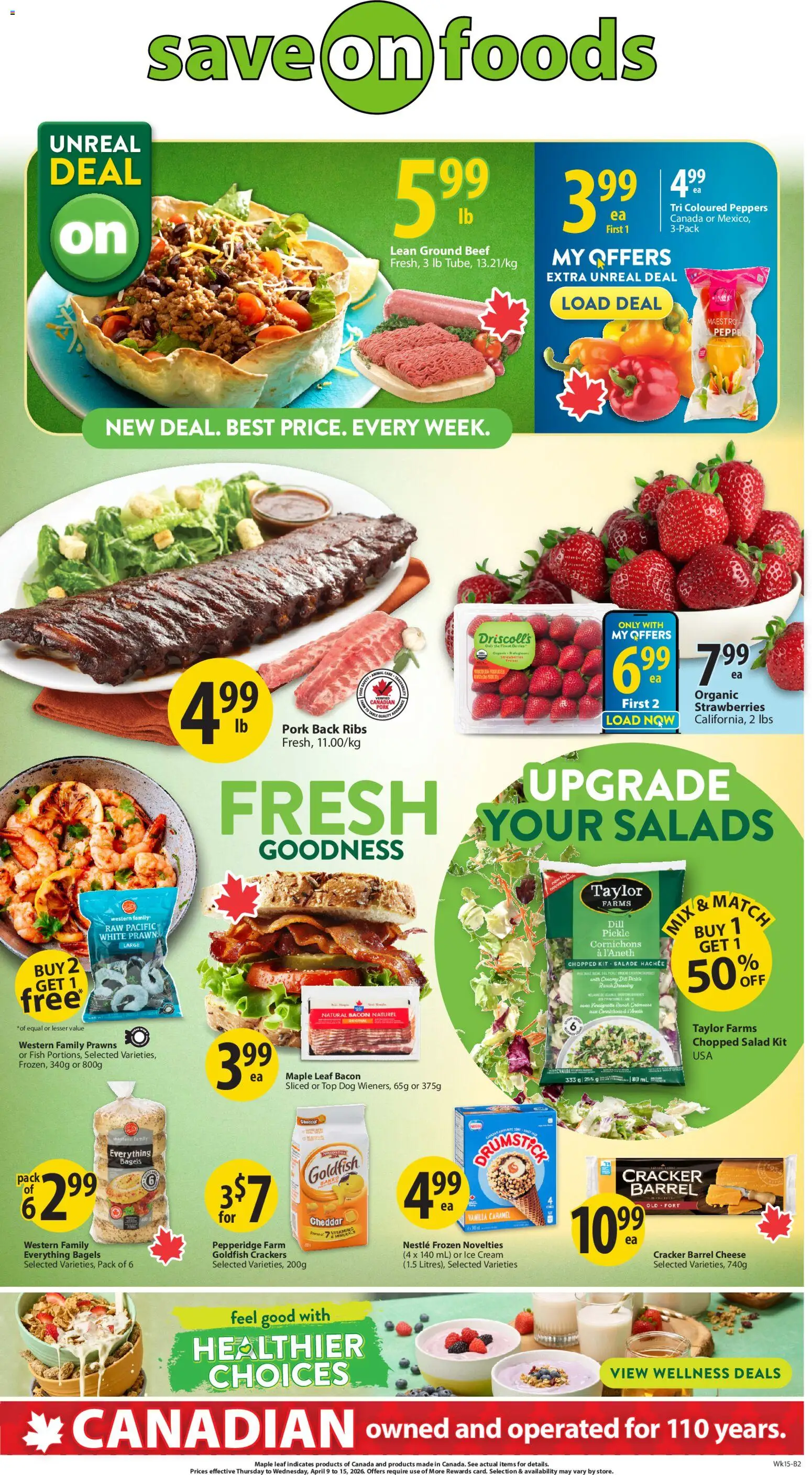 Save on foods flyer valid from 09.04.2026 | Page: 1 | Products: Strawberries, Cream, Ice cream, Cheese