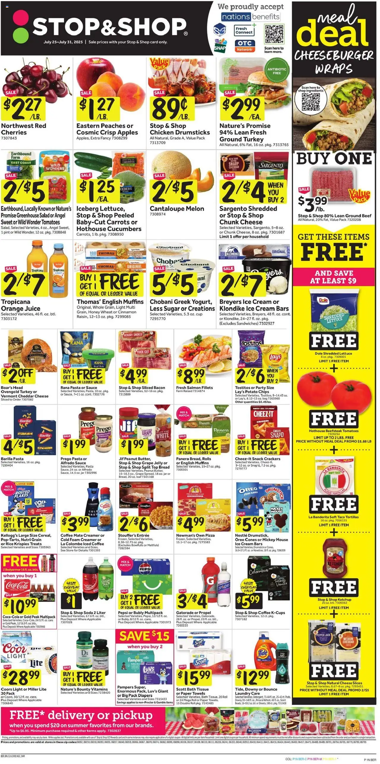 Stop & Shop Weekly Circular - CT - valid from 25.07.2025 | Page: 1 | Products: Cheese, Juice, Cucumbers, Flakes