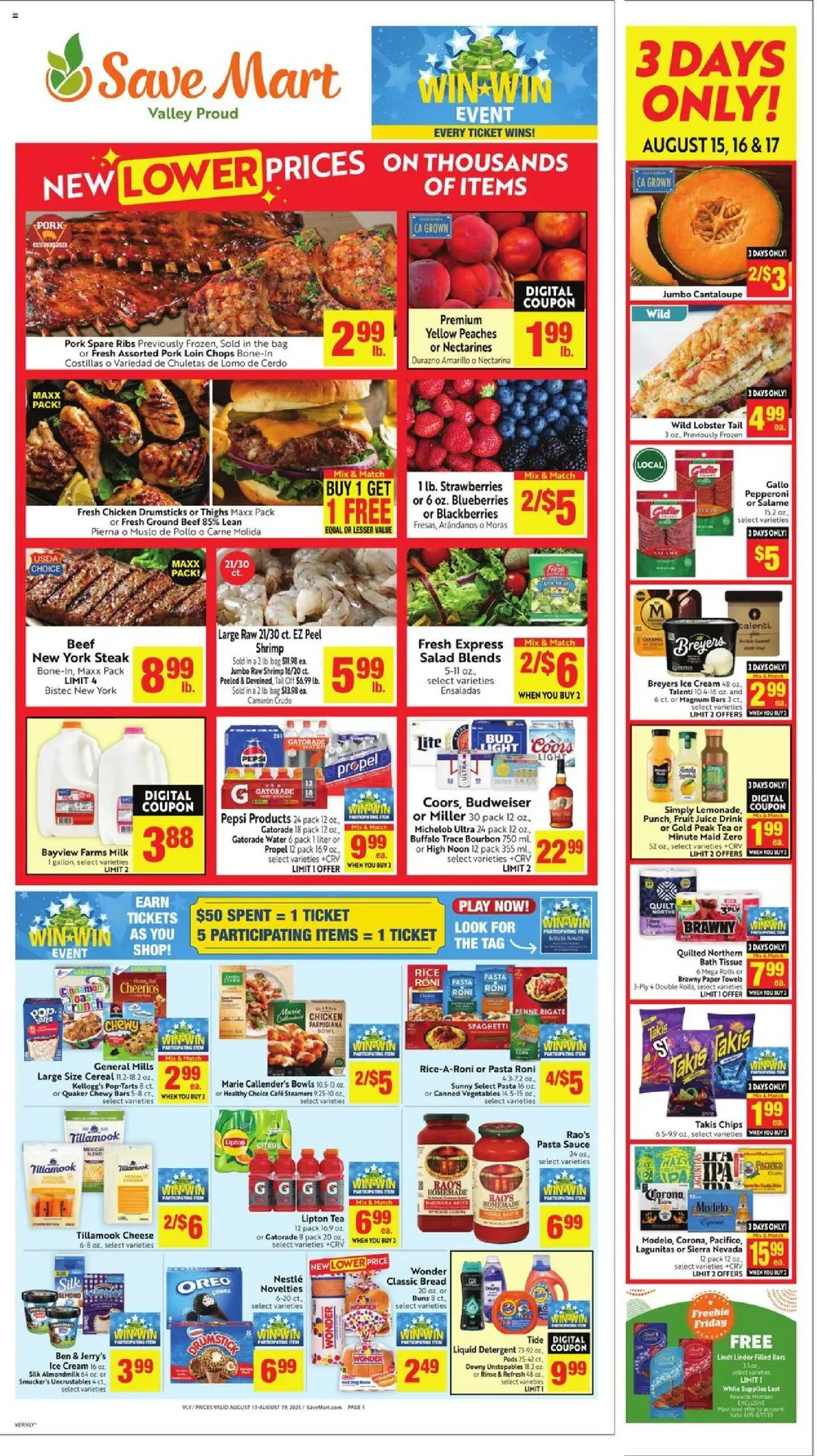 Save Mart Weekly Ad - valid from 13.08.2025 | Page: 1 | Products: Milk, Bread, Strawberries, Blueberries