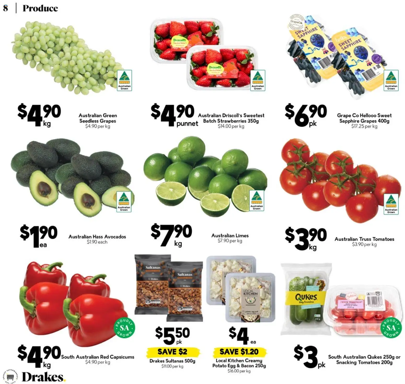 Drakes catalogue - valid from 28.01.2026 | Page: 8 | Products: Bacon, Tomatoes, Strawberries, Grapes
