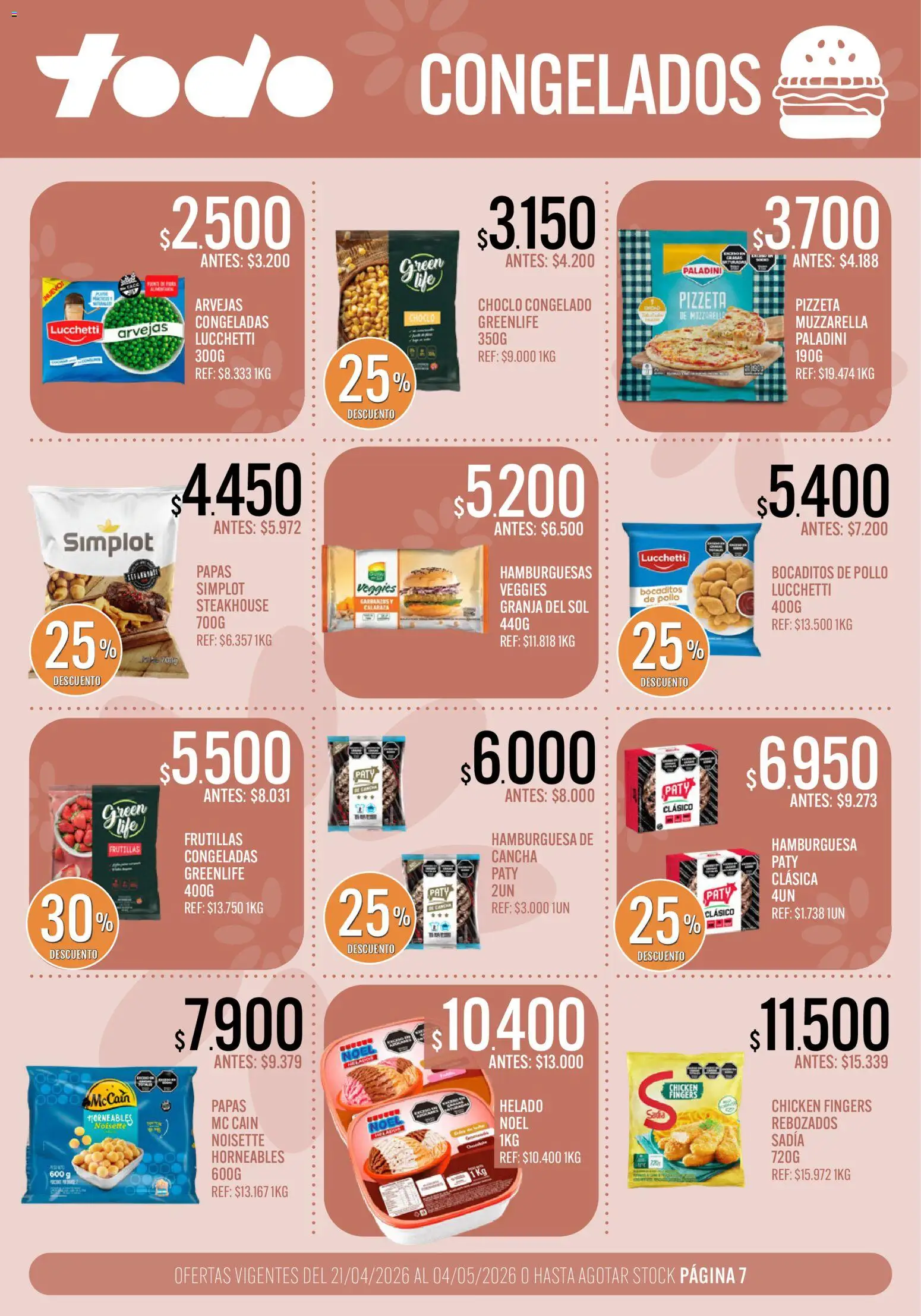 Supermercados TODO - Ofertas │ válido desde el 21.04.2026 | Página: 7 | Productos: Helado, Pollo, Choclo, Arvejas