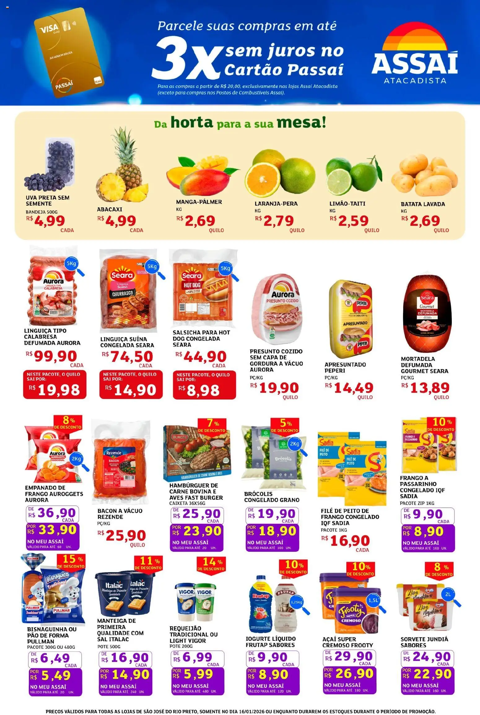 Assaí Atacadista Folheto - válido de 16.01.2026 | Página: 3 | Produtos: Linguiça, Presunto, Pão de forma, Frango