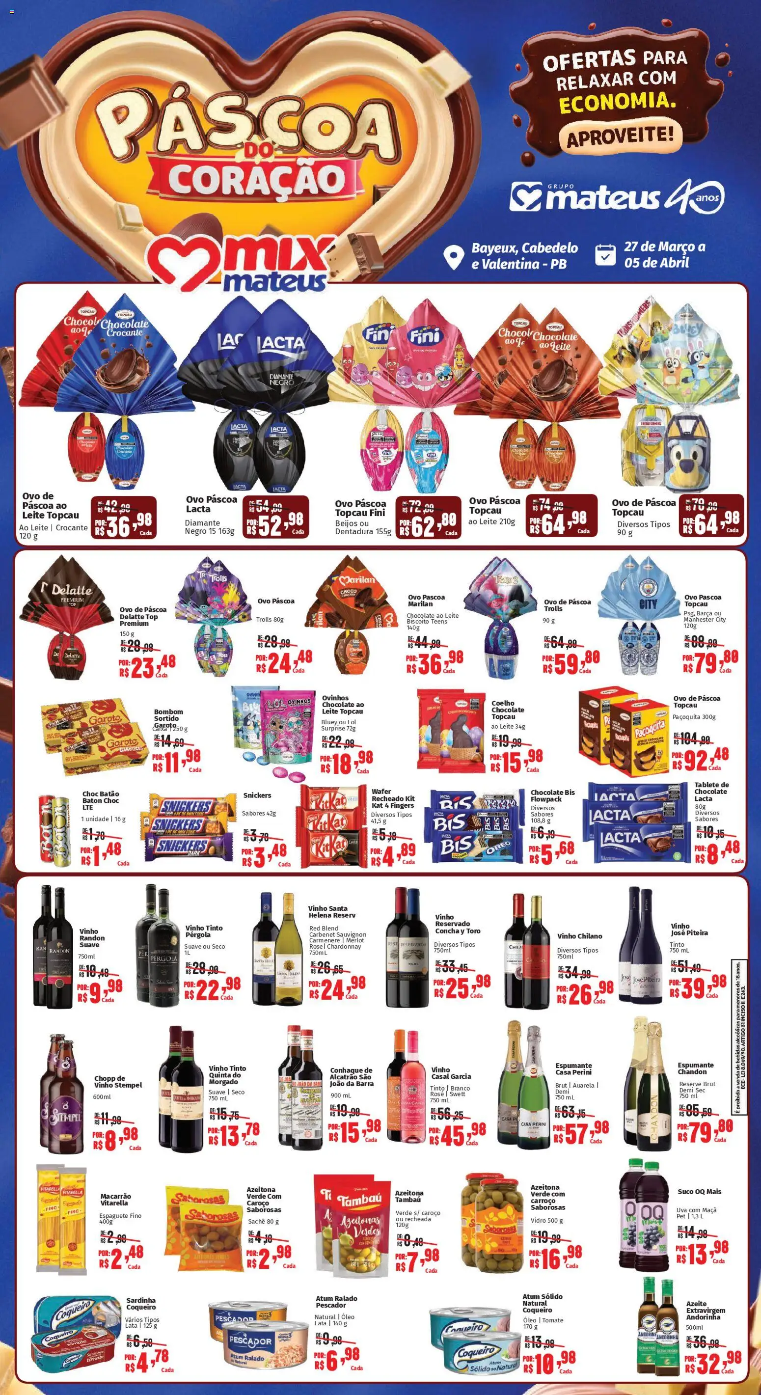 Mateus Folheto - válido de 27.03.2026 | Página: 1 | Produtos: Conhaque, Suco, Macarrão, Atum