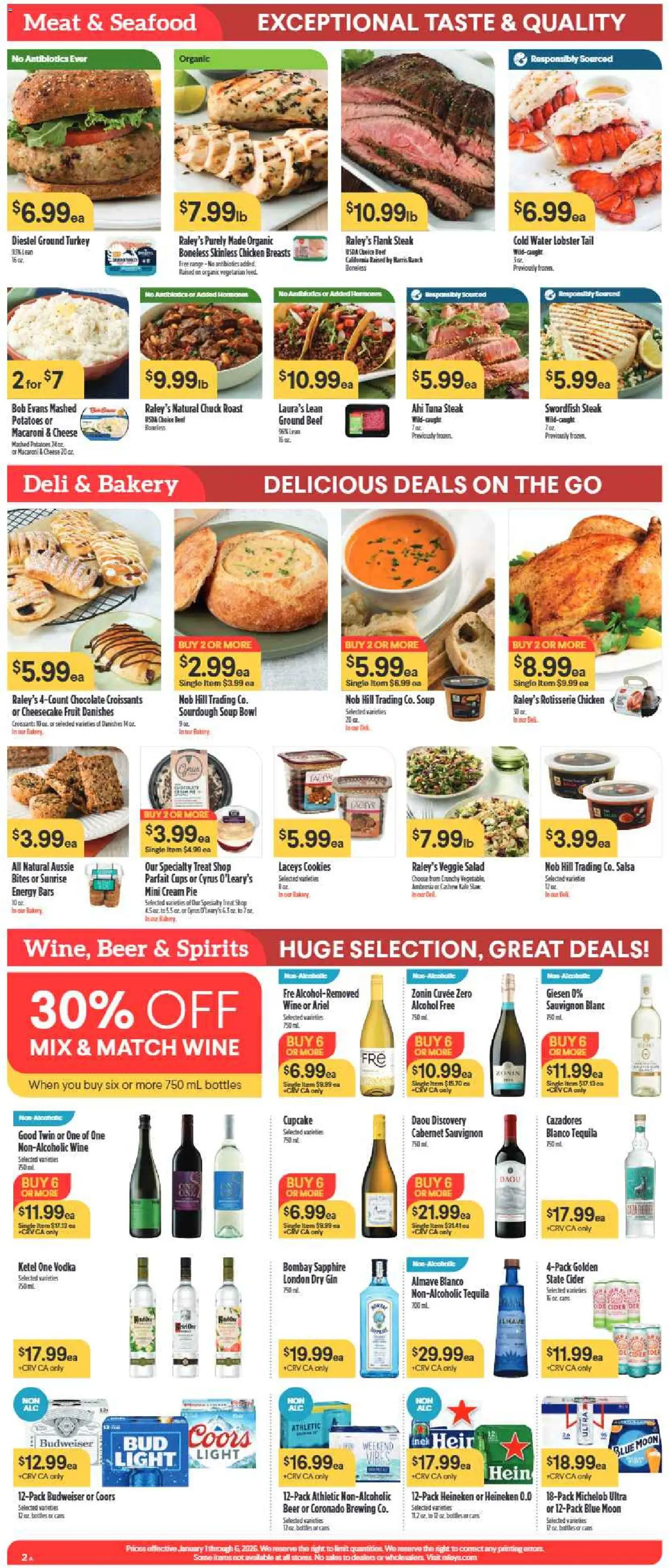 Raley's Weekly Ad - valid from 01.01.2026 | Page: 2 | Products: Bakery, Cheese, Water, Seafood