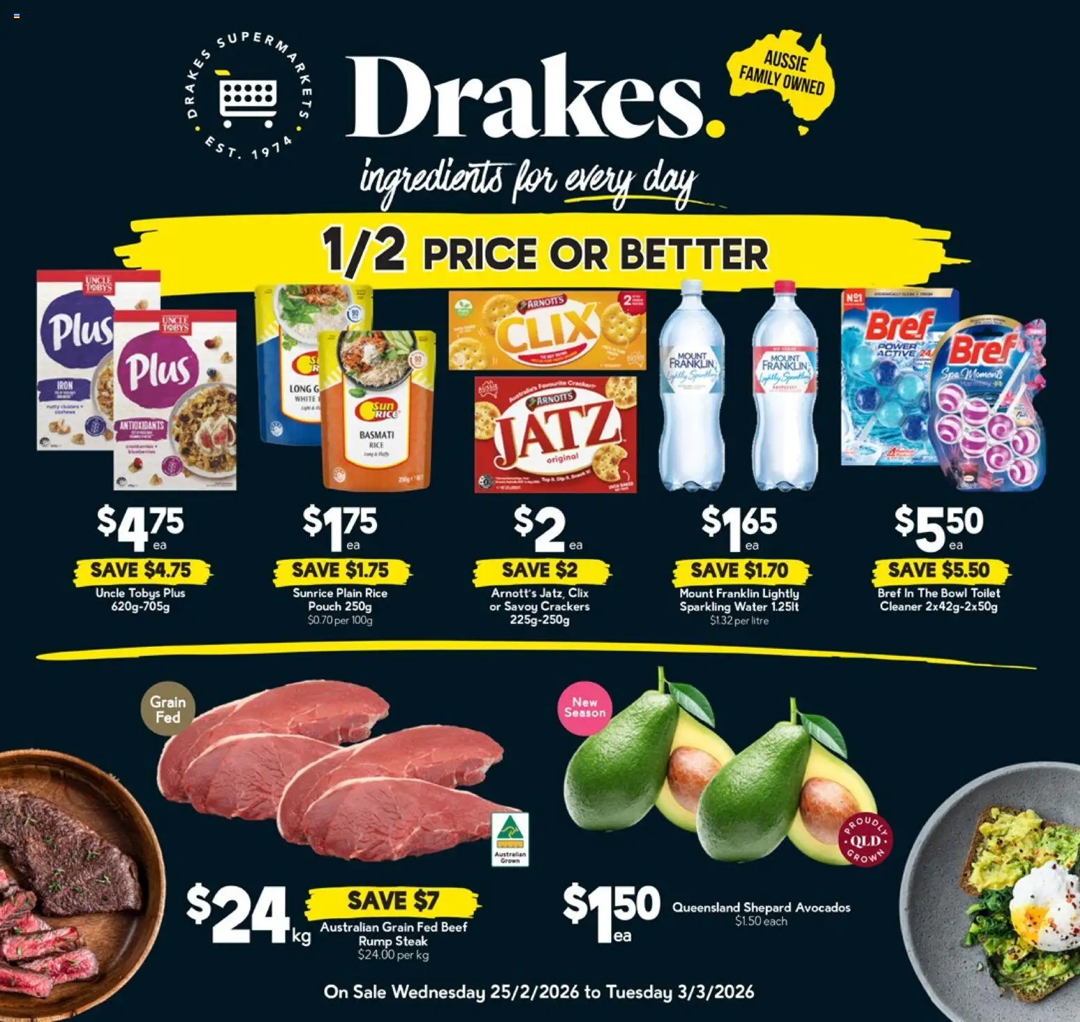 Drakes catalogue - valid from 25.02.2026 | Page: 1 | Products: Toilet, Crackers, Rice, Steak