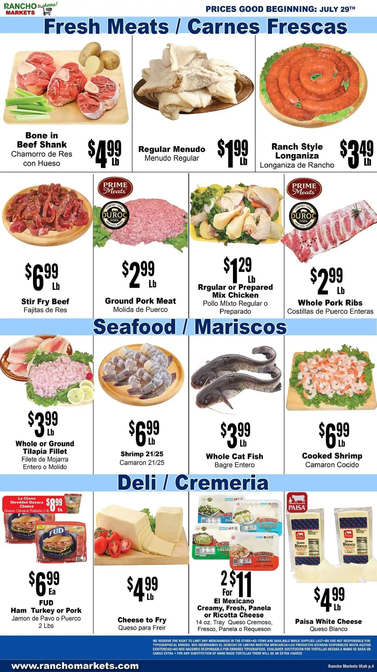 Rancho Markets Weekly Ad - valid from 29.07.2025 | Page: 4 | Products: Cheese, Ham, Pork, Fish