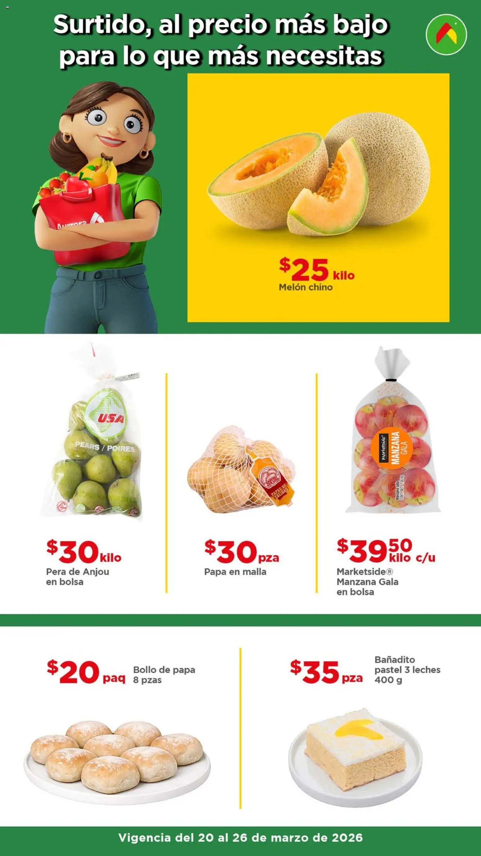 Nuevas ofertas de Bodega Aurrerá válidas en toda la República Mexicana desde el 20.03.2026. ¡Encuentra las mejores ofertas en Bodega Aurrerá folleto Ofertas! | Página: 3 | Productos: Papa, Manzana, Pastel, Malla