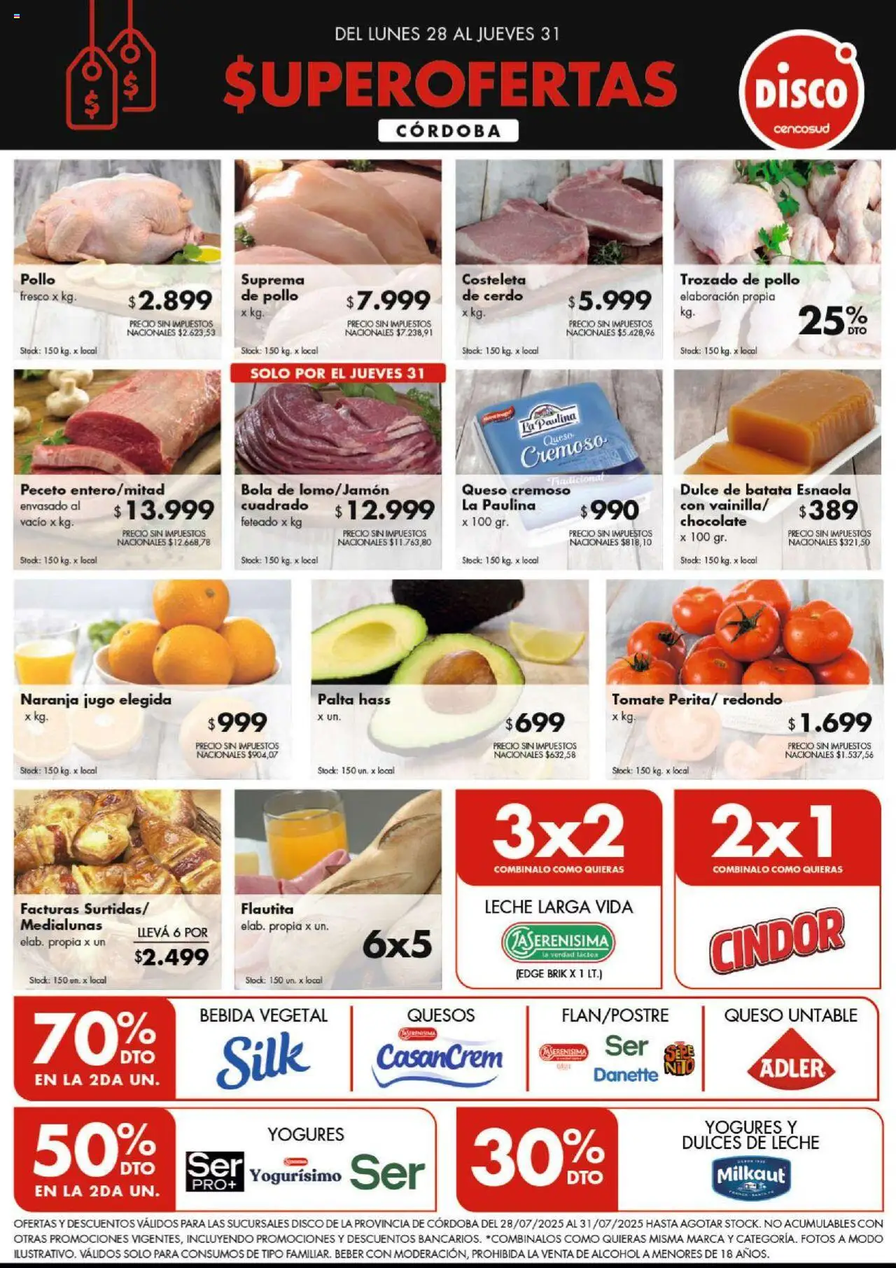 Disco ofertas - Córdoba │ válido desde el 28.07.2025 | Página: 1 | Productos: Batata, Palta, Chocolate, Cerdo