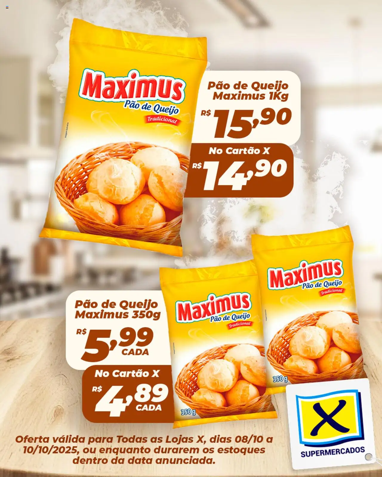 X Supermercados Folheto - válido de 08.10.2025 | Página: 1 | Produtos: Queijo, Pão, Pão de queijo