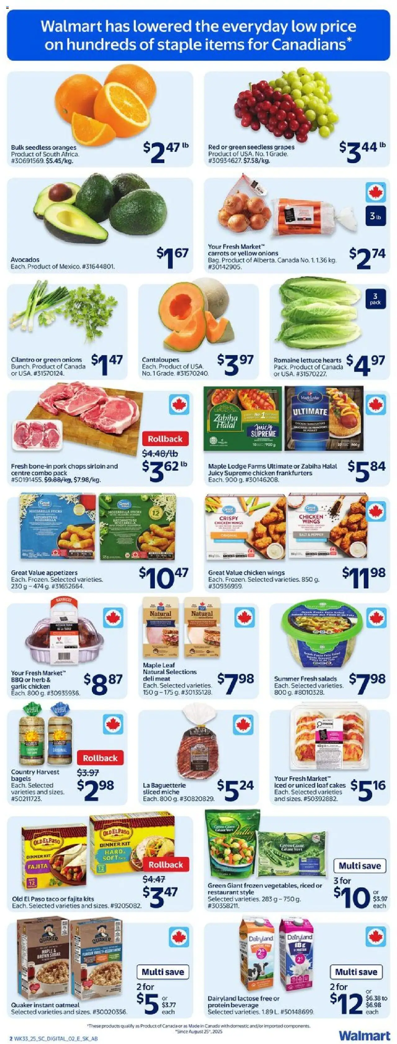 Walmart flyer valid from 11.09.2025 | Page: 8 | Products: Chicken wings, Chicken, Pork, Oranges