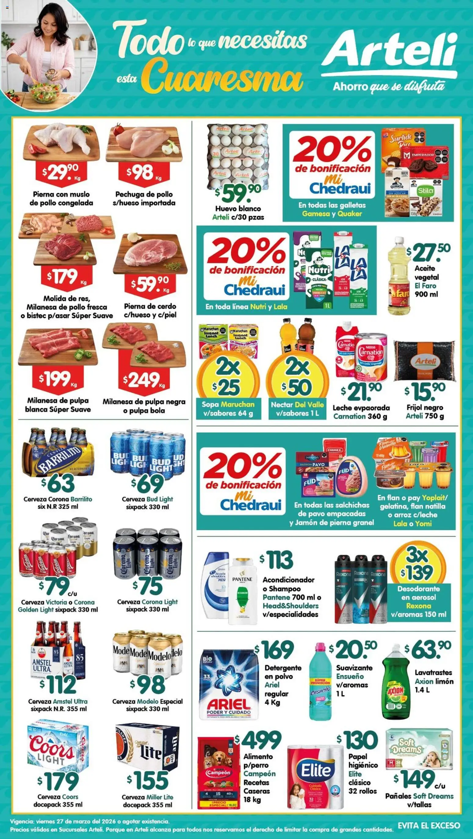 Nuevas ofertas de Arteli válidas en toda la República Mexicana desde el 27.03.2026. ¡Encuentra las mejores ofertas en Arteli folleto! | Página: 1 | Productos: Huevo, Jamón, Cerdo, Suavizante
