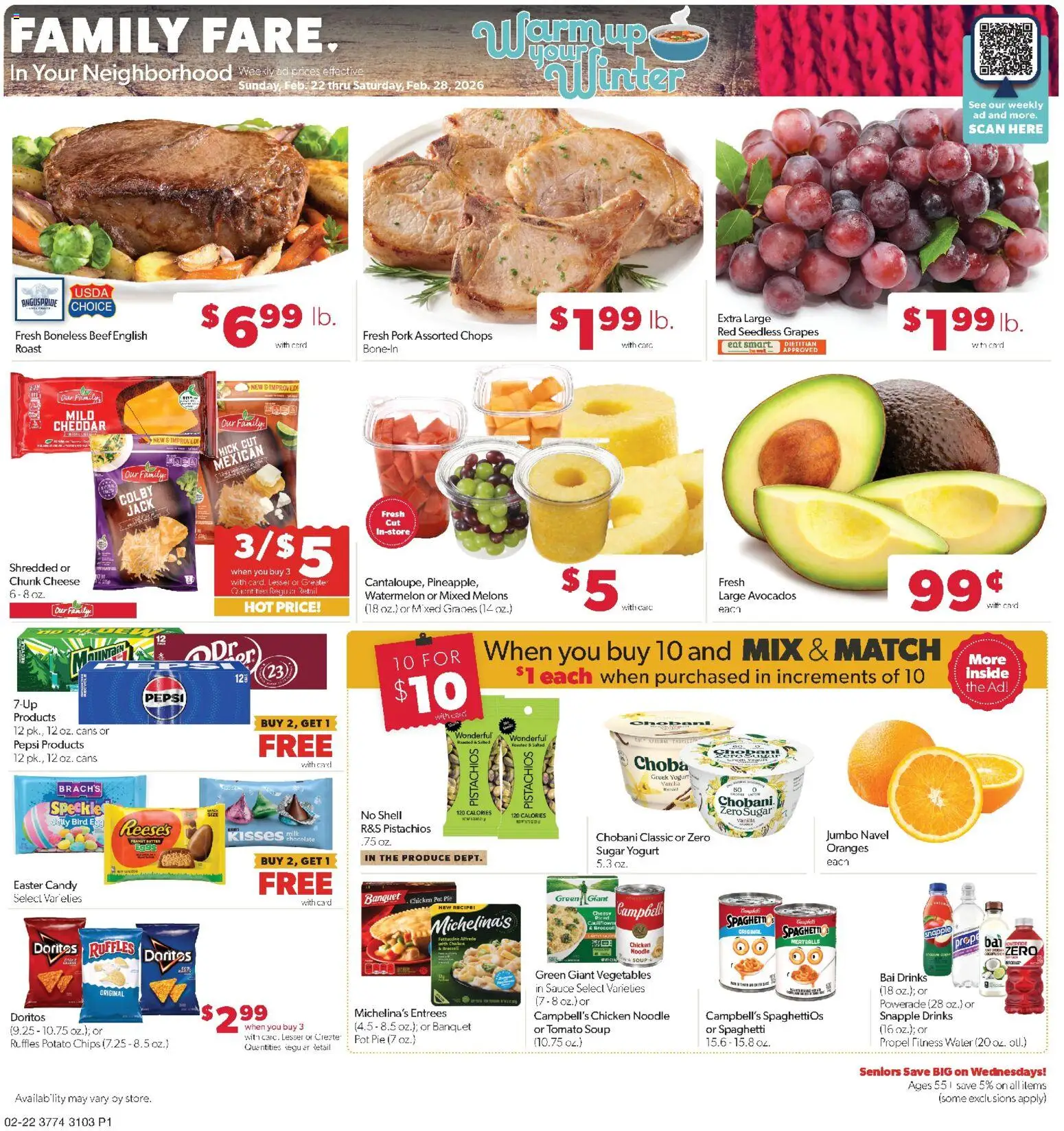 Family Fare Weekly Ad - IA - valid from 22.02.2026 | Page: 1 | Products: Yogurt, Beef, Vegetables, Watermelon