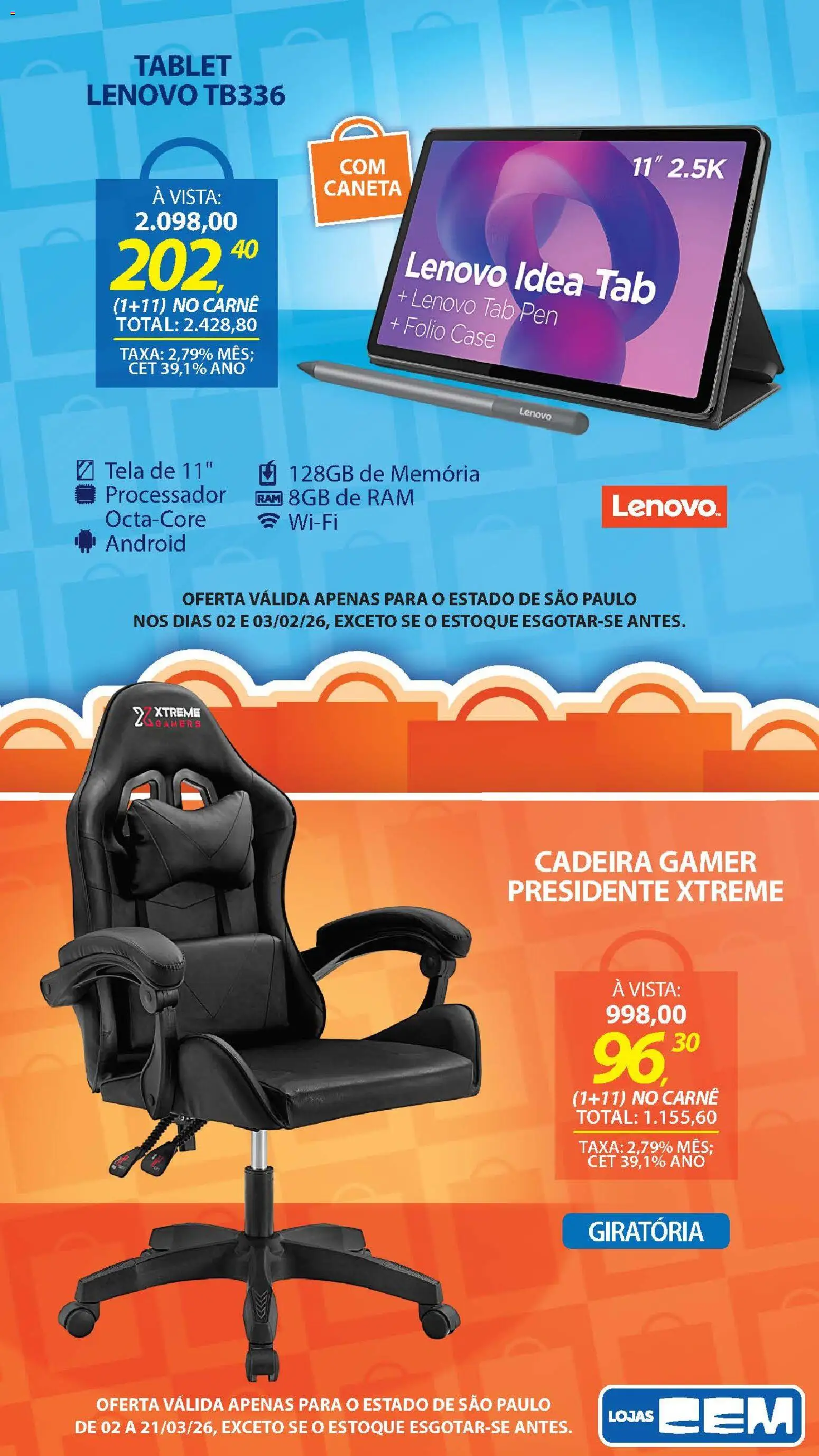 Lojas Cem Folheto - válido de 02.03.2026 | Página: 14 | Produtos: Cadeira gamer, Caneta, Cadeira, Carne