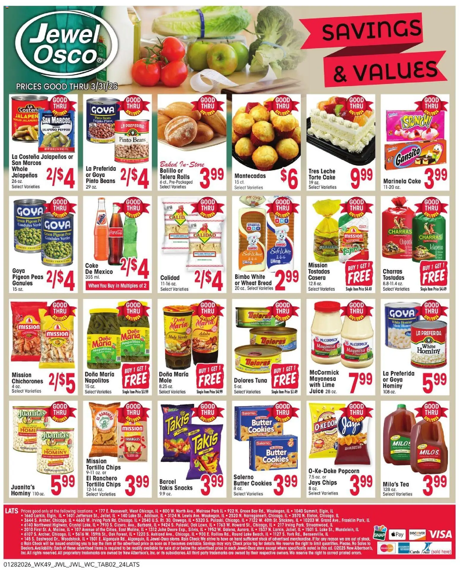 Jewel Osco Savings & Values - valid from 28.01.2026 | Page: 2 | Products: Jalapeno peppers, Bread, Juice, Cookies
